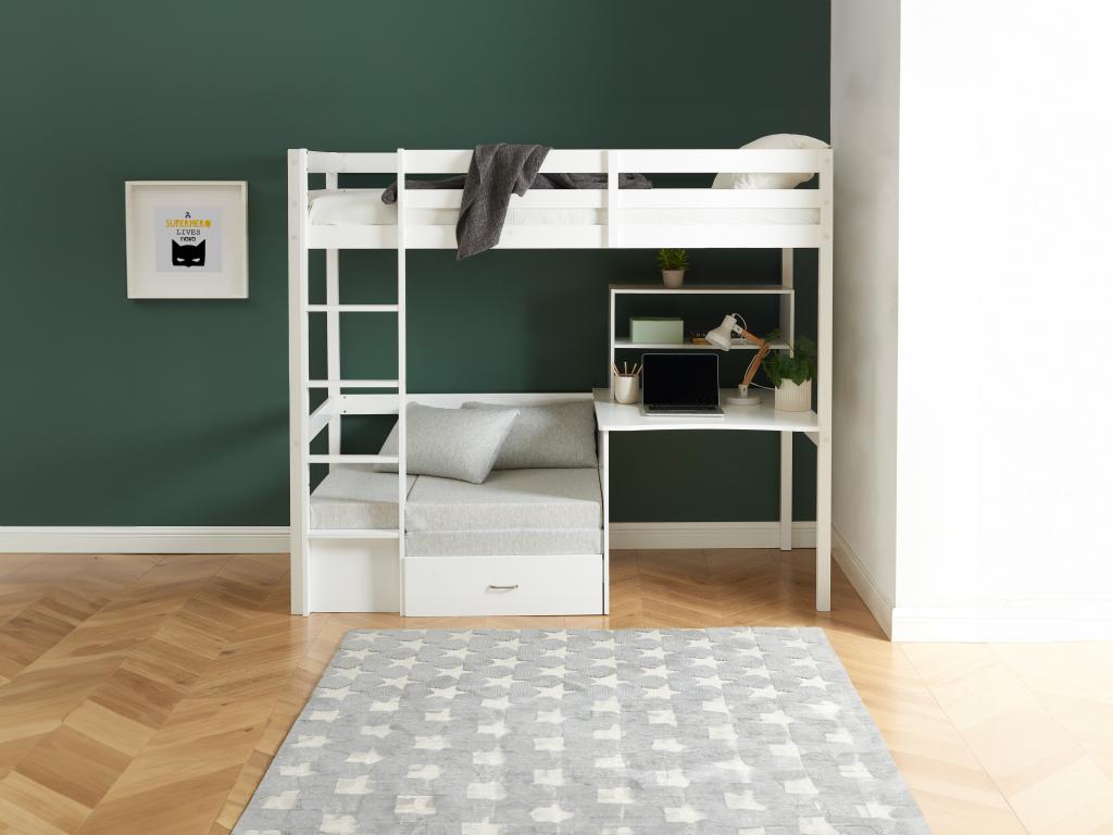Lit mezzanine 90 x 200 cm avec bureau, sofa convertible et rangements