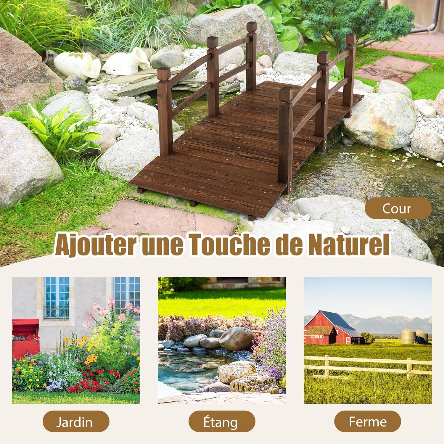 Pont de Jardin en Bois de Sapin, avec Balustrade et Fond Renforcé, Pont Décoratif Carbonisé Résistant aux Intempéries - 4