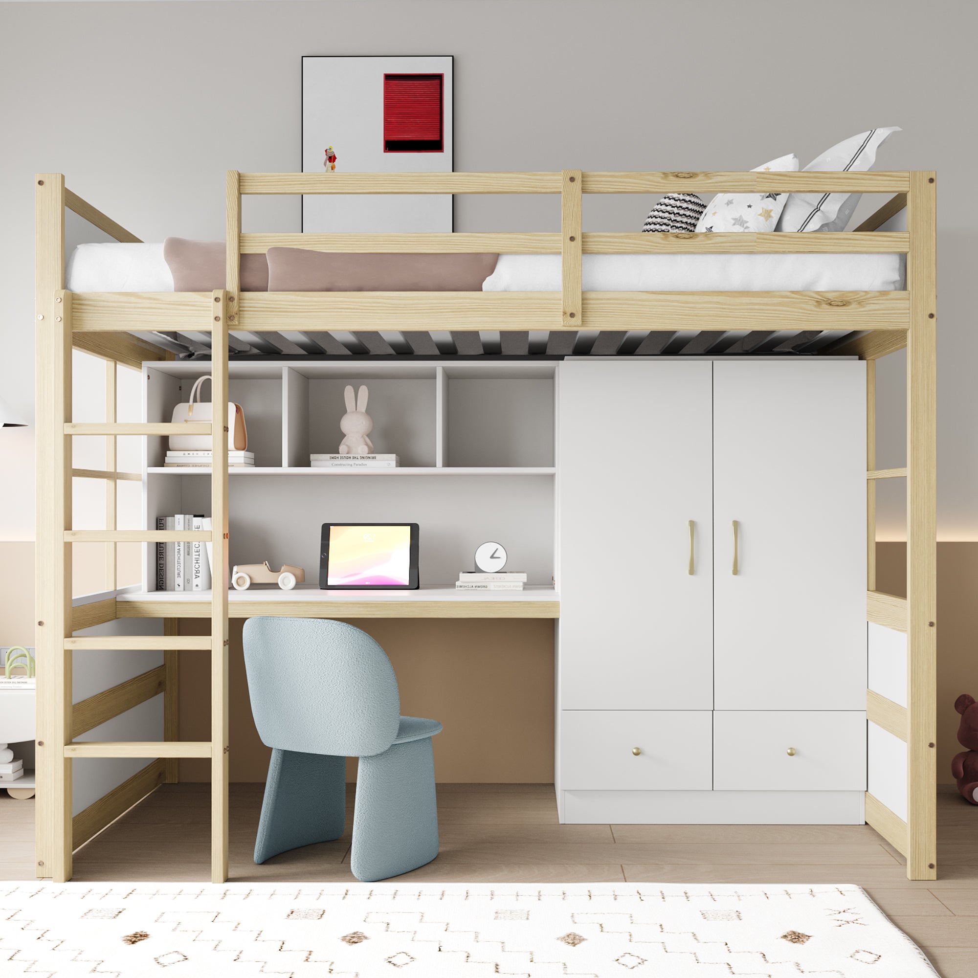 Hochbett 90x200 cm - Drabina + Biurko + Szafa z szufladami - Materiał drewno solidne - Projekt oszczędzający miejsce