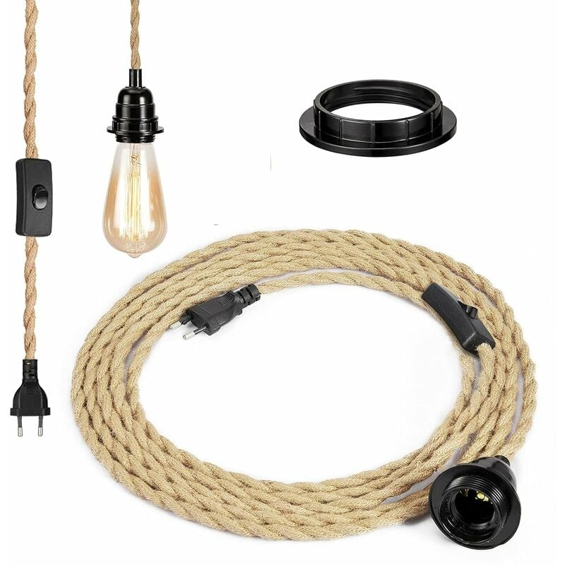 Câble électrique en lin à 2 conducteurs de 4,5 m, avec douille E27 et interrupteur, pour lampe DIY (sans ampoule) - 2