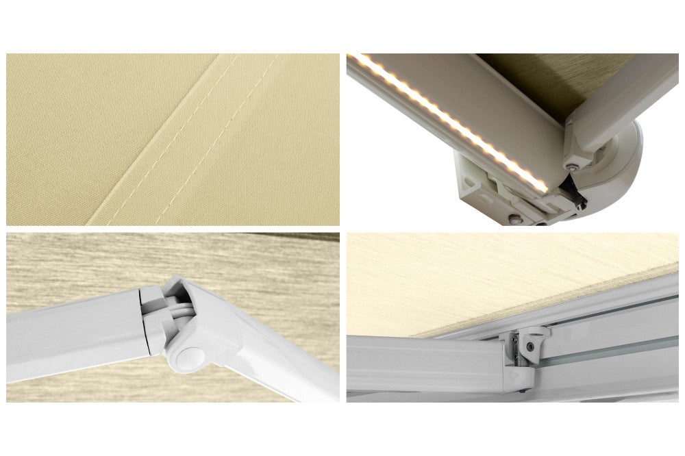 Store banne Coffre intégral PROTECT 2 LED Blanc 4,05x3,50m Motorisé à télécommande + Eclairage LED - Toile Écrue - 5