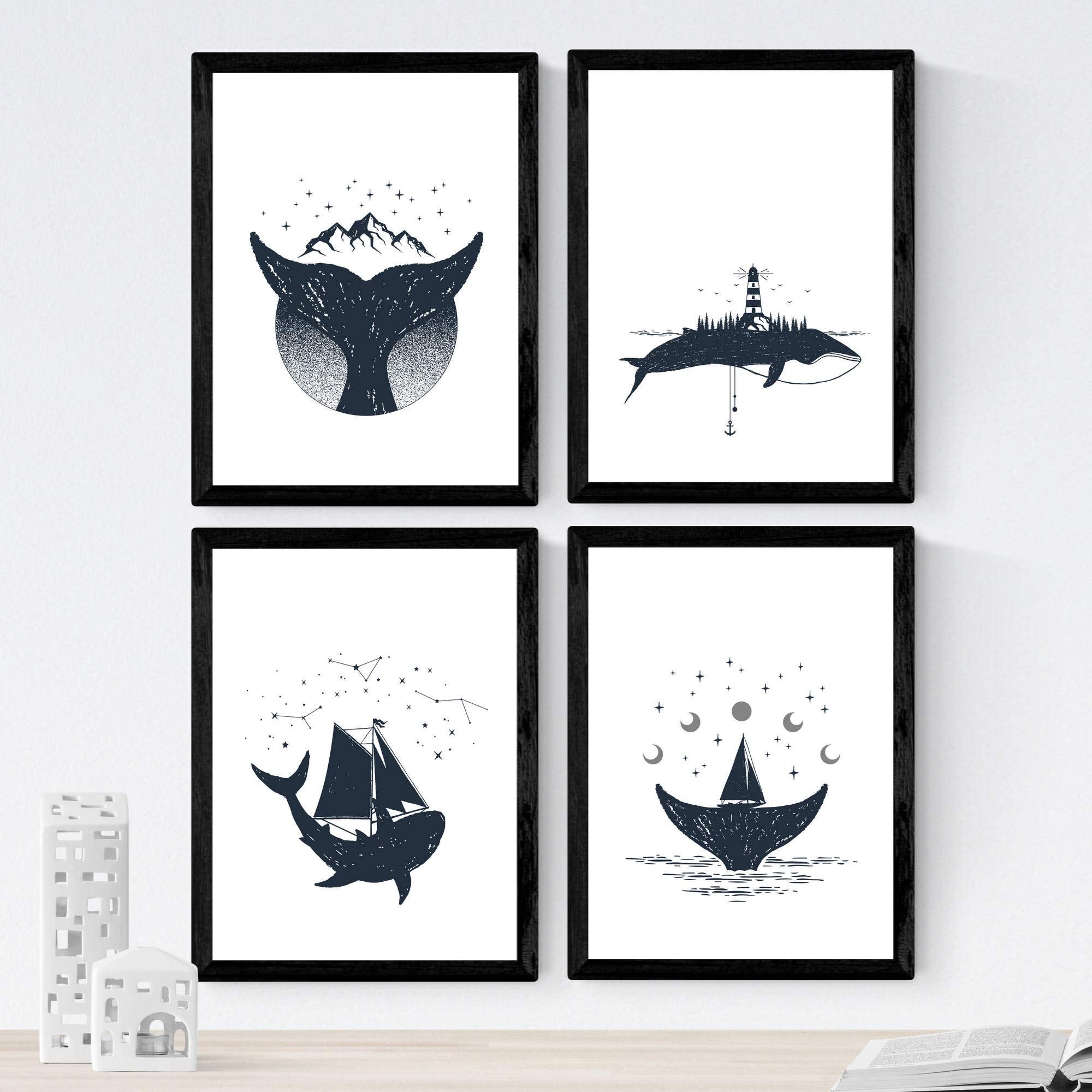 Set de 4 láminas de ballenas en tamaño a4 sin marco