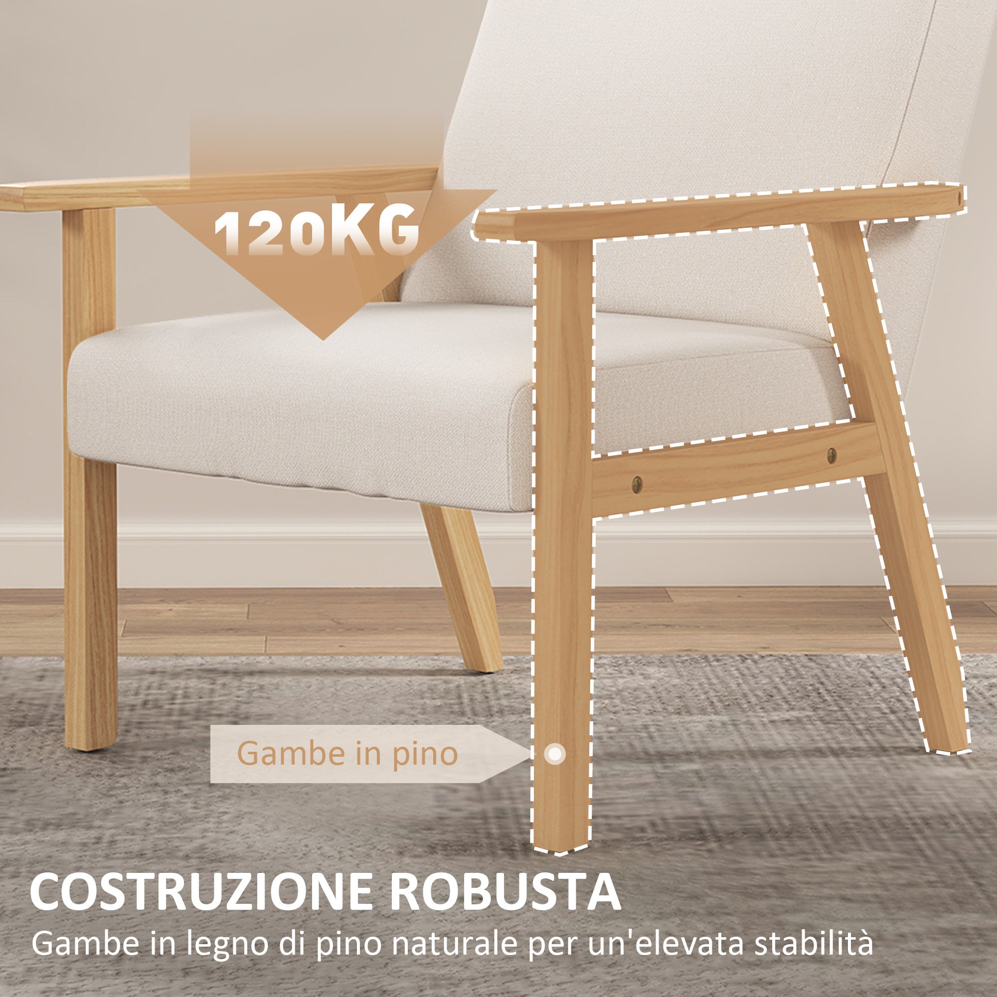 HOMCOM Poltrona d'Arredo in Stile Scandinavo in Legno di Pino con 2 Cuscini, 64x70x72 cm, Grigio e color Legno - 6