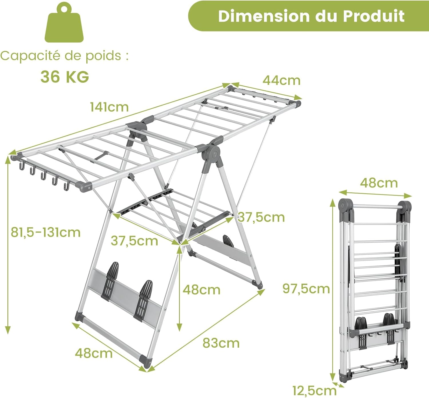 Étendoir Linge Intérieur, Sechoir à Linge Pliable en Alu 2 Niveaux, Seche Linge Intérieur Extérieur - 4