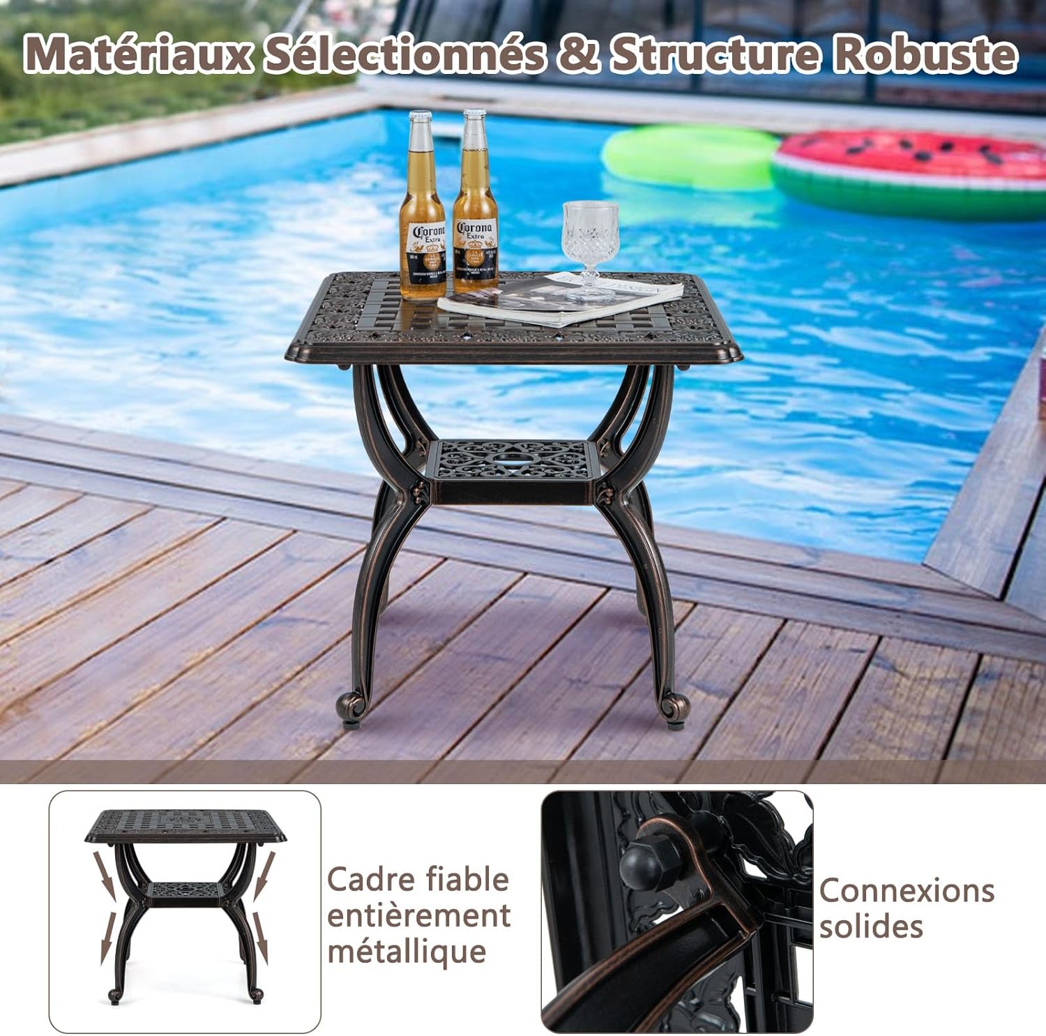 Table de Patio en Fonte d'Aluminium, Table Basse Bistrot Antirouille de 53 cm, Table d'Appoint à Cadre en Métal Robuste, Table d'Appoint - 8