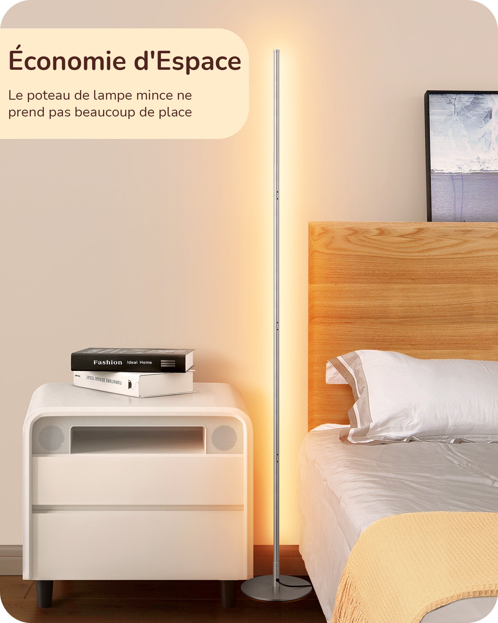 EDISHINE Lampadaire sur pied salon LED dimmable, 3000K blanc chaud, H146cm, interrupteur à pied, argenté, lampe d'ambiance moderne - 7