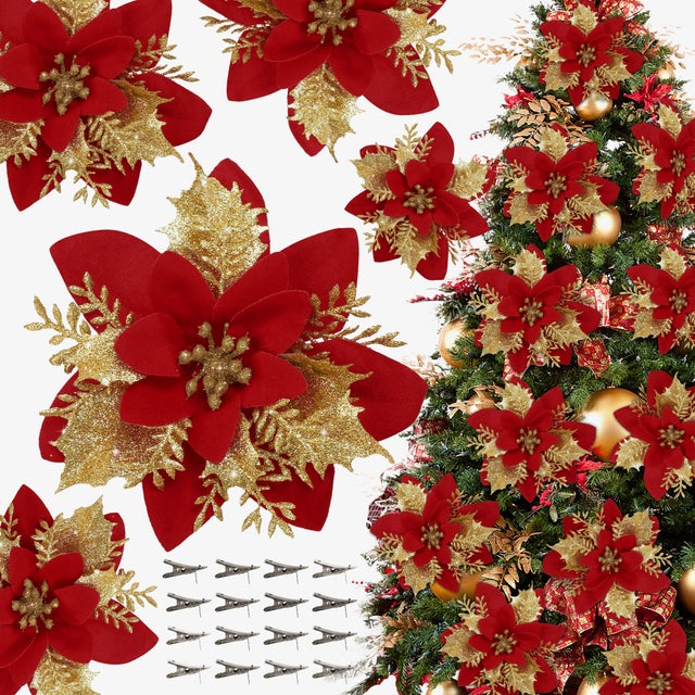 Lot De 12 Fleurs Artificielles Rouges Pour Sapin De Noël Avec