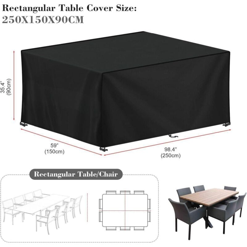Housse de protection rectangulaire pour meubles de jardin 250 x 150 x 90 cm, tissu Oxford 420D noir - 2