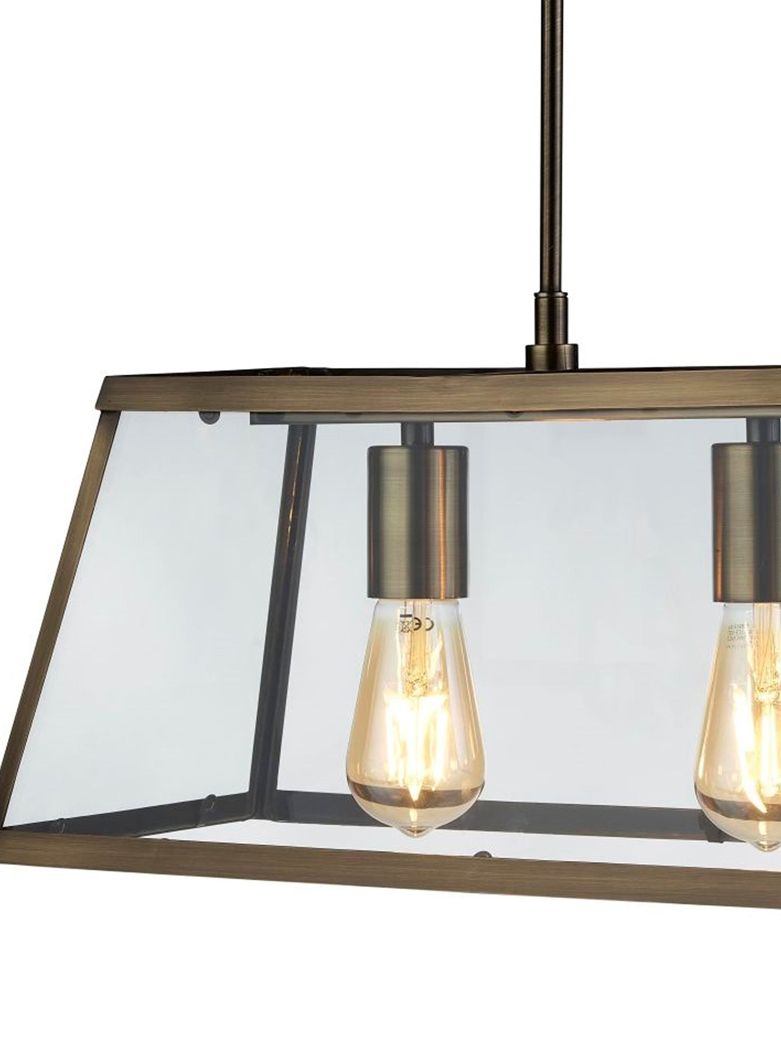 Suspension VOYAGER 3L barre lanterne rectangulaire , laiton antique, Verre E27 3x60w maxi Long 65cm haut 120cm - 3