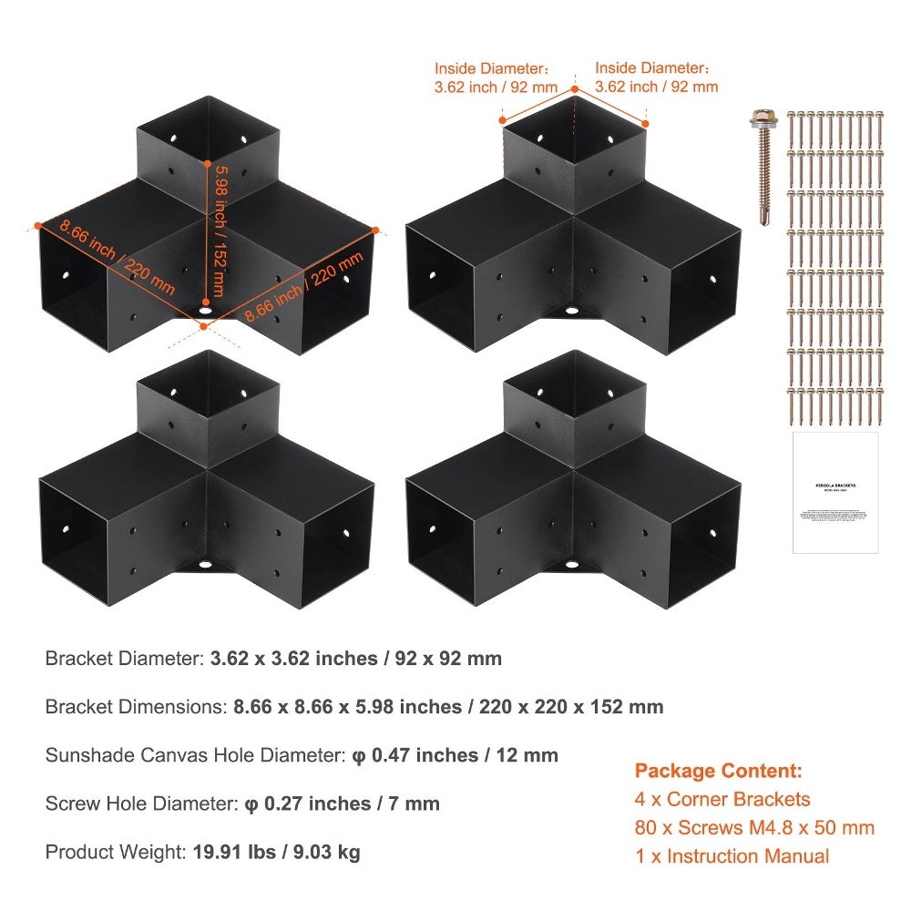 Kit Support Pergola 10x10 cm Noir 4 Pièces Support d'Angle 3 Voies Base ...