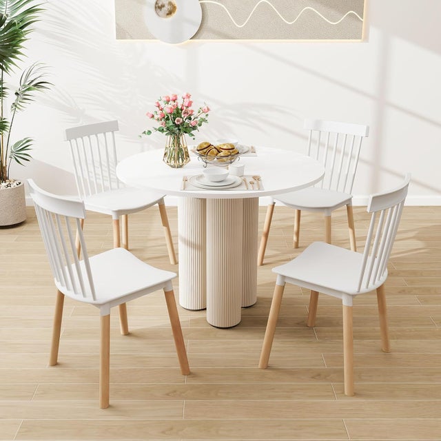 Juego de 4 Sillas de Comedor, Silla de Cocina con Respaldo Curvado y Patas de Madera de Haya, Carga hasta 150 kg, Sillas para Comedor (Blanco)