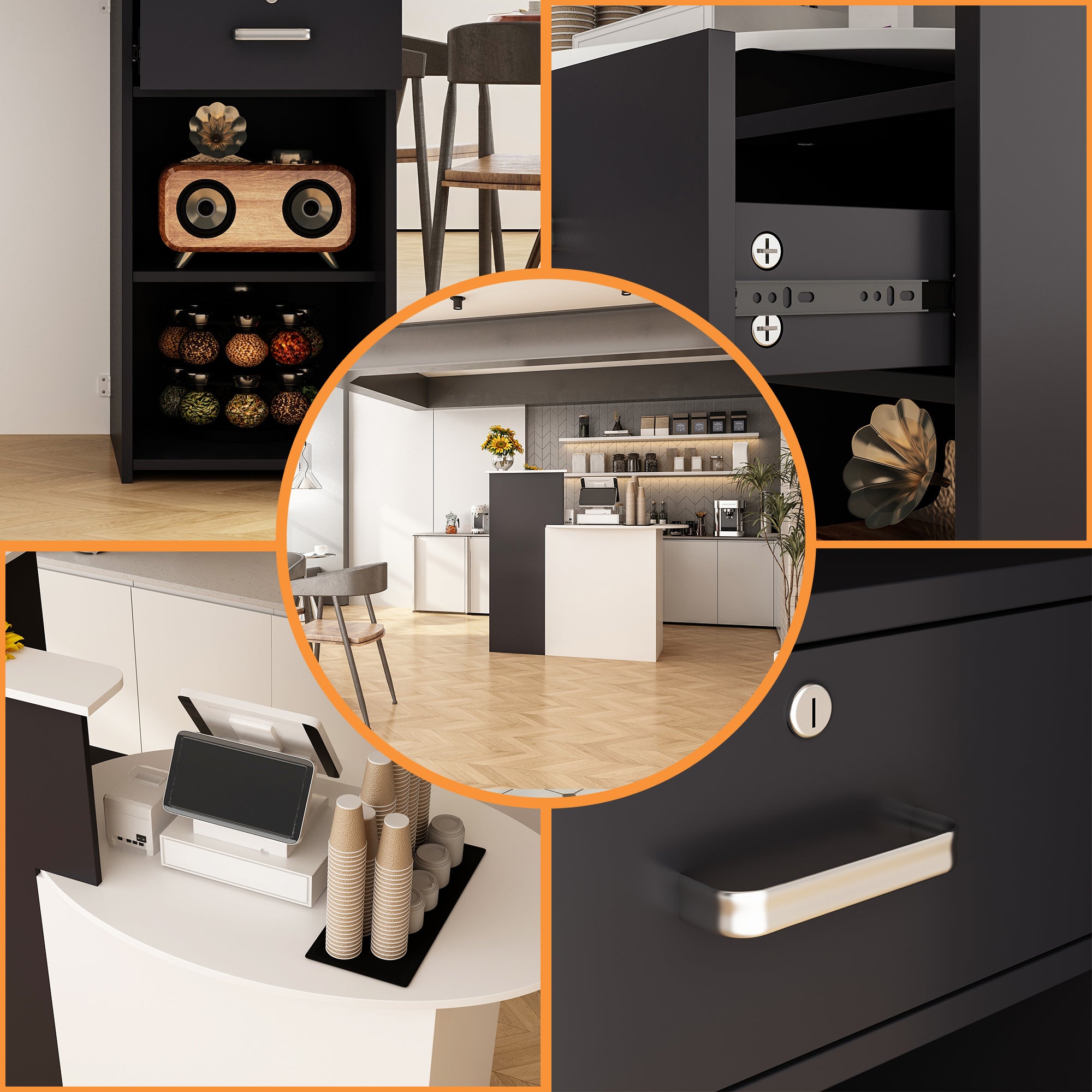 Bureau d’Accueil avec Compartiments et Tiroir, Comptoir de Réception avec Plan de Travail Ovale, Bureau,121x60x121cm, Blanc et Noir - 4