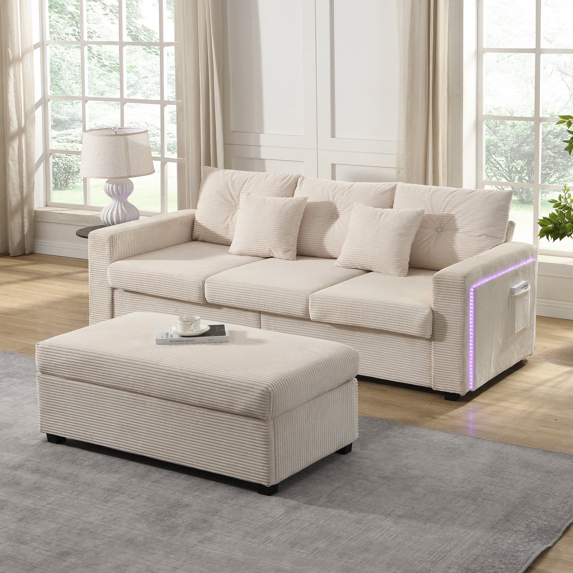 Sofa 3-osobowa z pufem 2-osobowym - Tkanina sztruksowa - 184 x 84,5 x 85,5 cm - Diody LED - Beżowa