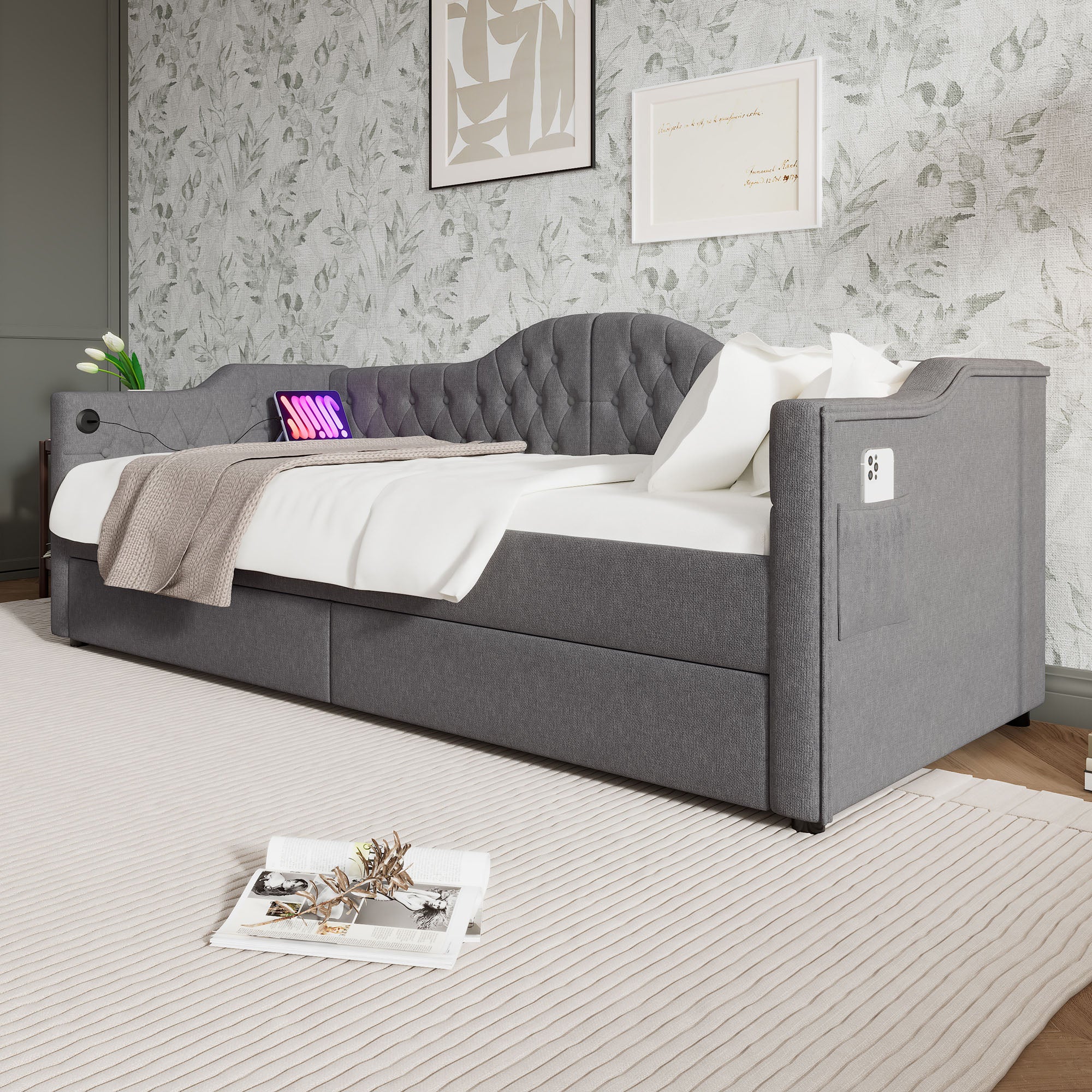 Brinlawb Canapé Lit 90x200 Avec Éclairage LED Réglable Et Multiprise 4-en-1, Lit 90x200 Avec Sommier Et Rangement, Banquette Lit Avec Dossier Capitonné En Gris, Facile à Assembler, Sans Matelas