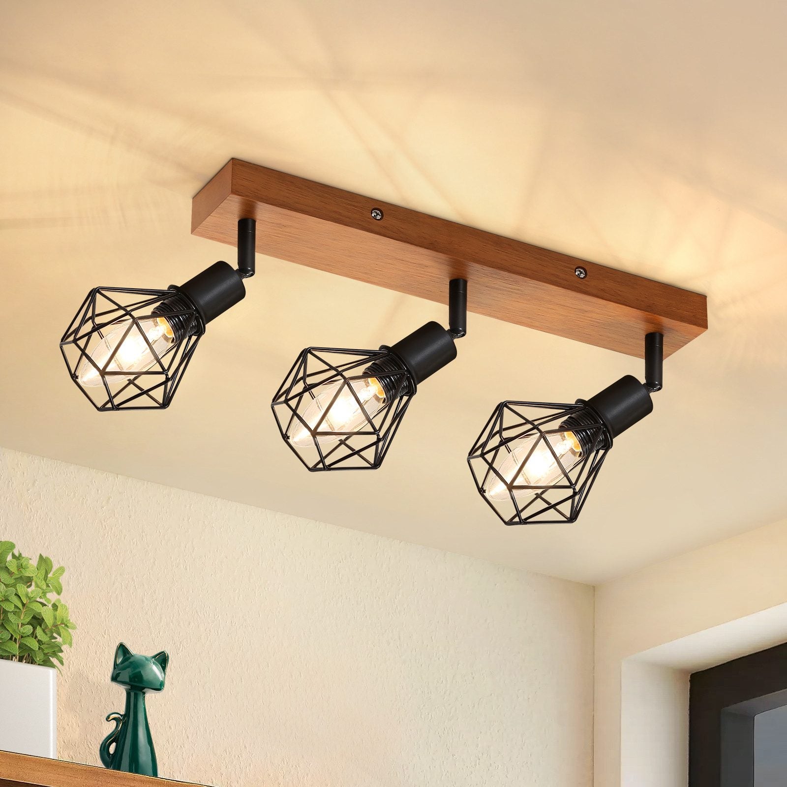 NETTLIFE 3 czarne drewniane Reflektoroway sufitowe E14 Retro Metal Regulowane 350° Wewnątrz MAX. 25W do salonu, sypialni bez żarówki