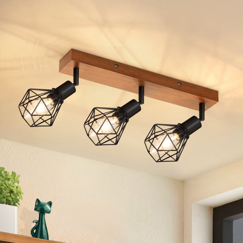 ZMH 3 czarne, drewniane reflektory sufitowe w stylu retro z obrotowym metalem o kącie 350° do użytku wewnątrz pomieszczeń, maks. 25 W