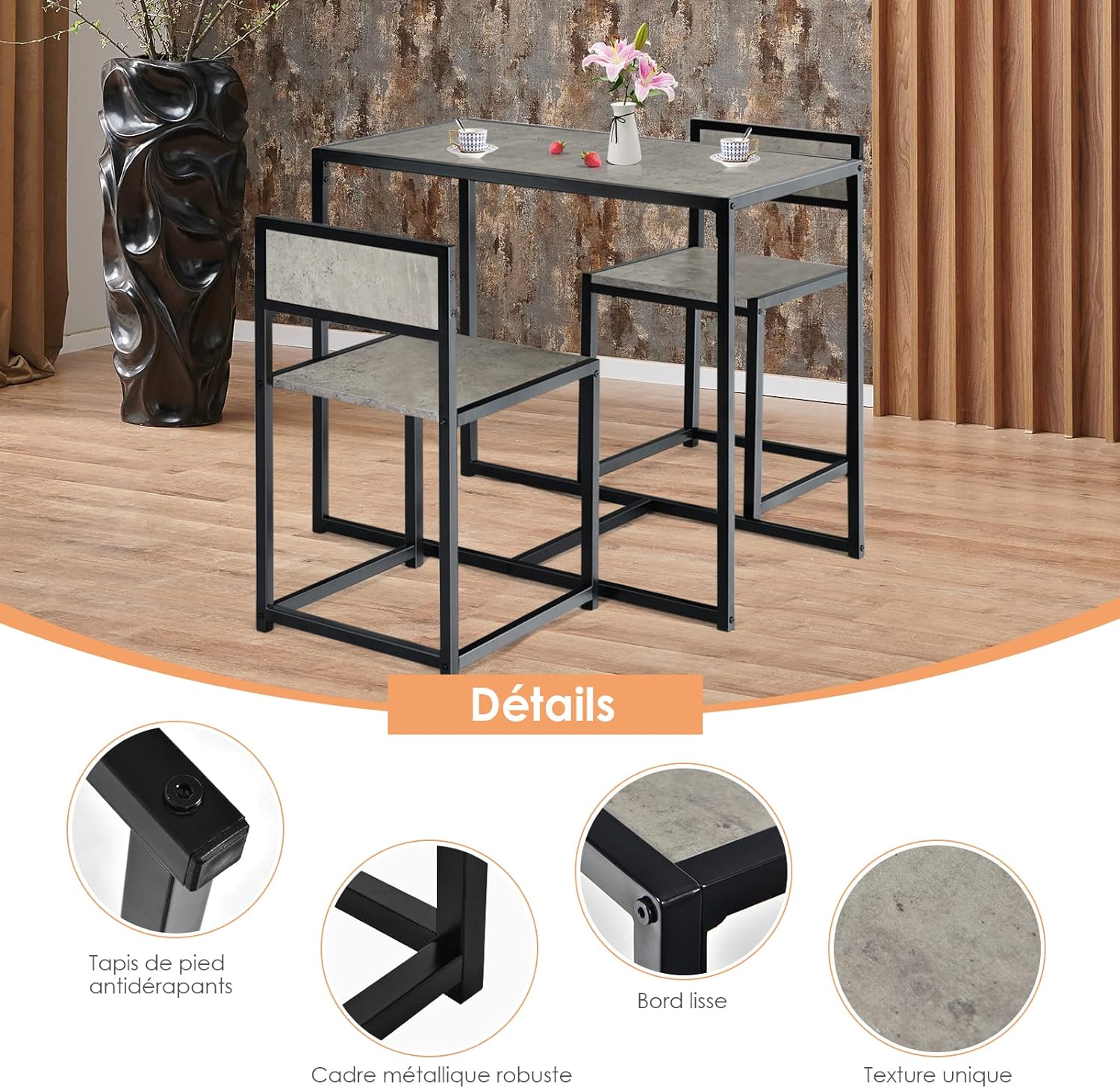 Ensemble de Table et Chaises Compacte et Antiderapante avec Cadre en Metal, Table avec 2 Chaises Robuste et Pratique, Style Retro Ideal (Gris) - 5