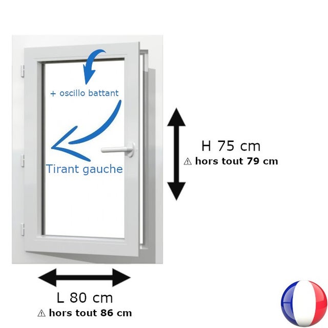 Fenêtre PVC 1 vantail H 75 x L 80 cm OB pour pose en neuf avec poignée - tirant gauche