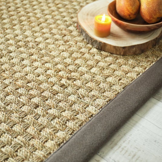 Tapis Jonc de mer Chennai - Natté 4x4 - Ganse lin marron taupe - 200 x 200 cm - 4
