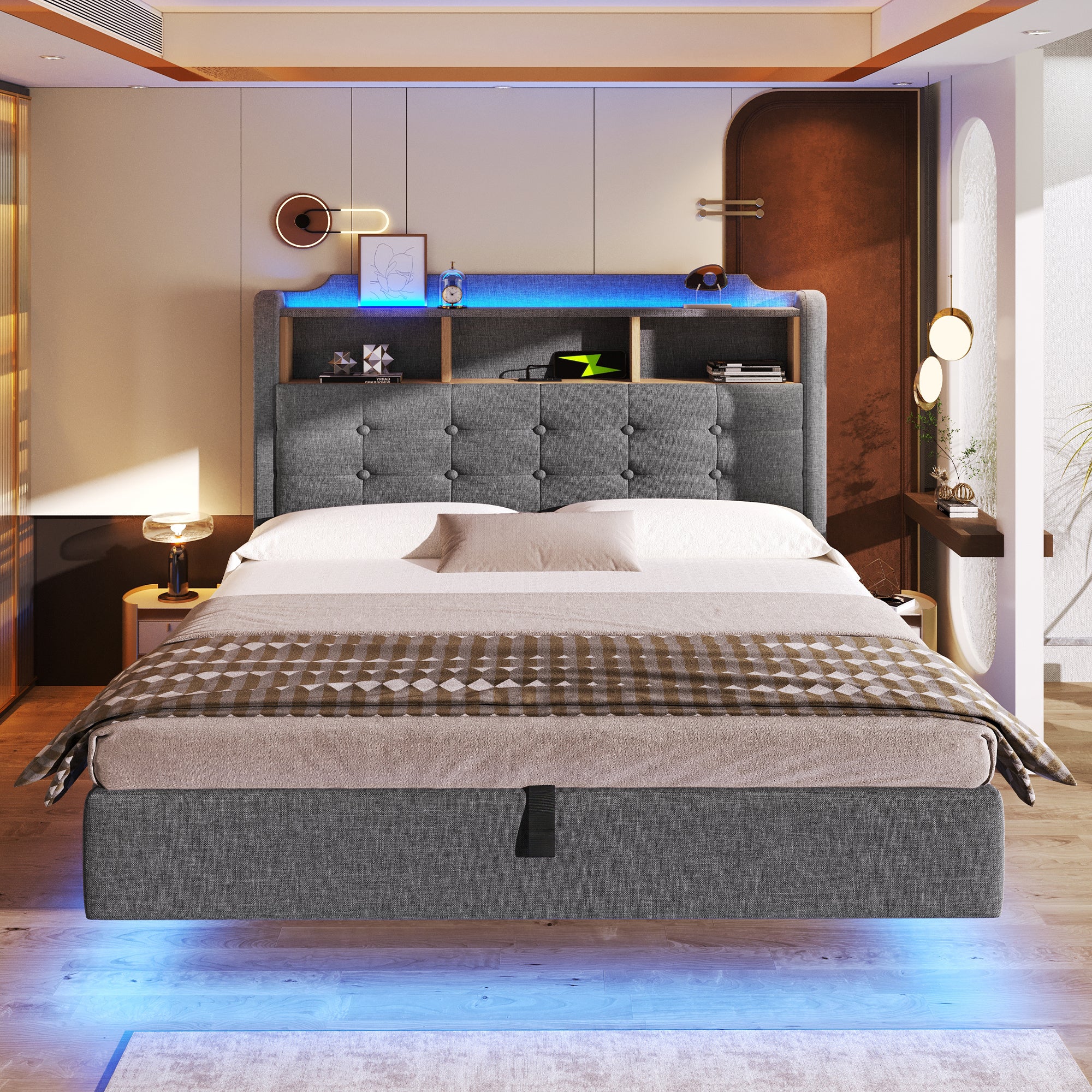 Łóżko tapicerowane ze schowkiem 140x200 cm - z oświetleniem LED - wyposażone w interfejs USB + Typ-C - tkanina lniana - kolor szary - 3