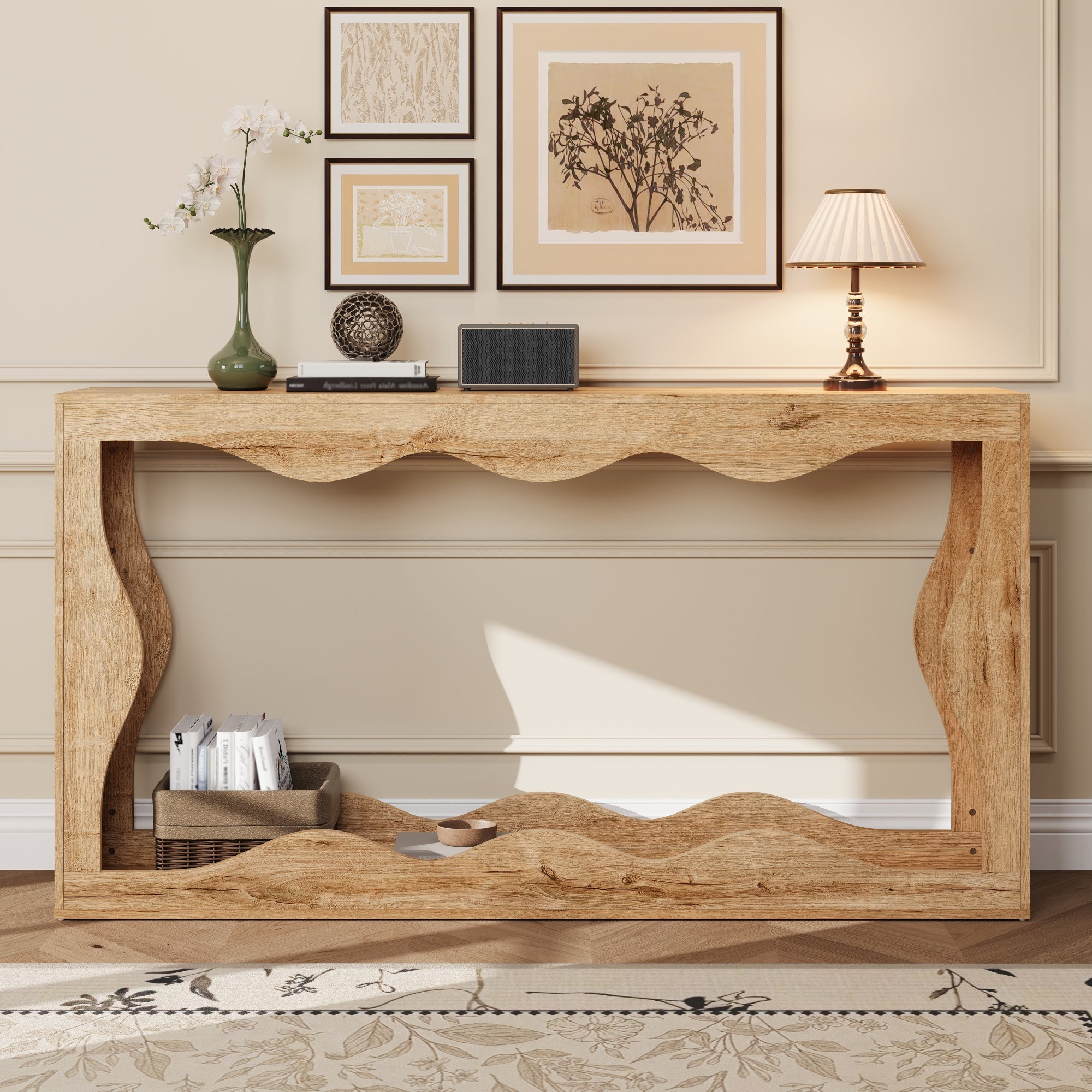 Table console à 2 niveaux avec design ondulé - 160,5 x 30 x 86,5 cm - Panneaux de particules - Structure ajourée effet bois - Naturel - 8