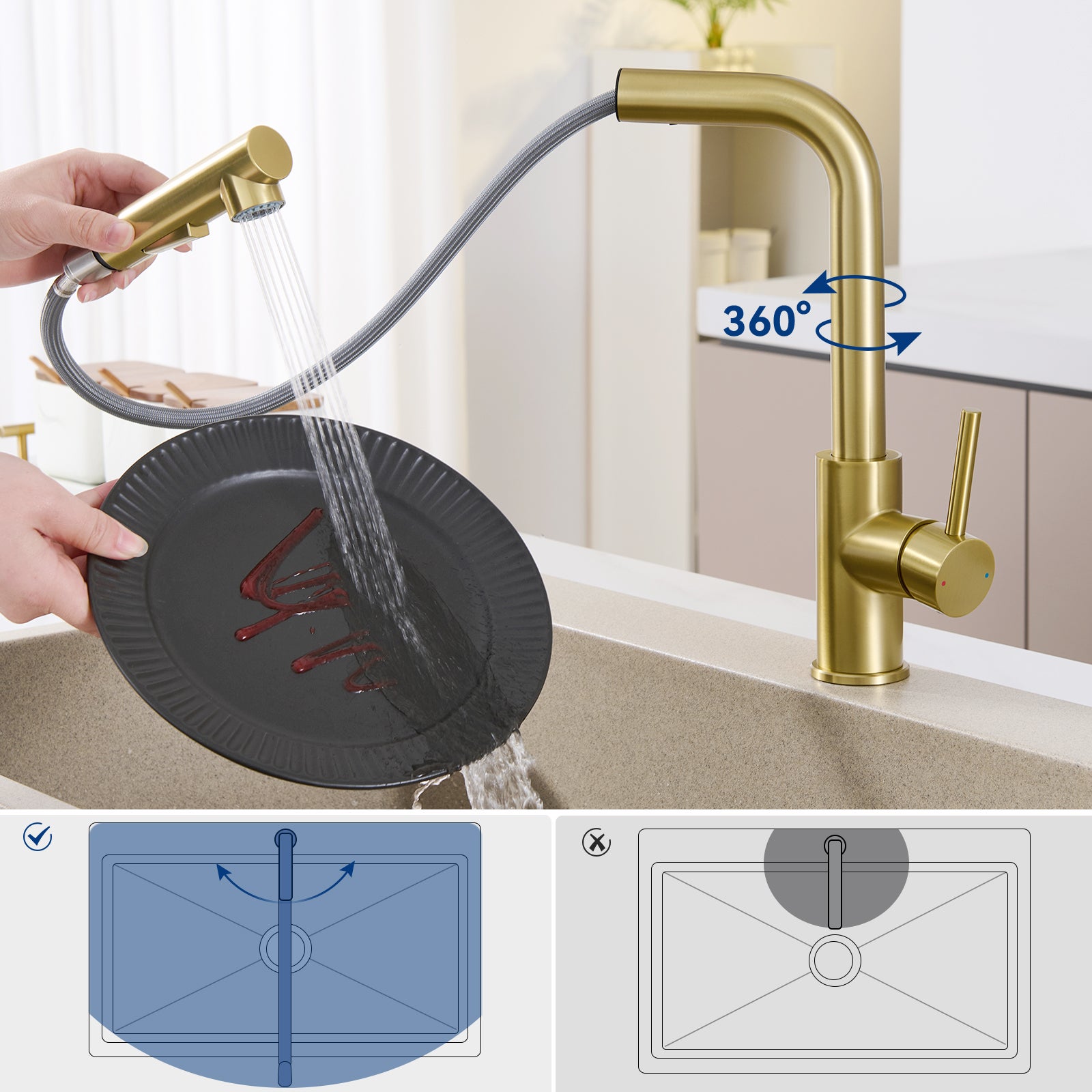 Mitigeur Cuisine avec Douchette Extractible, Monocommande, Rotation à 360°, 2 Modes de pulvérisat Robinet d'évier Cuisine, Jaune doré - 4