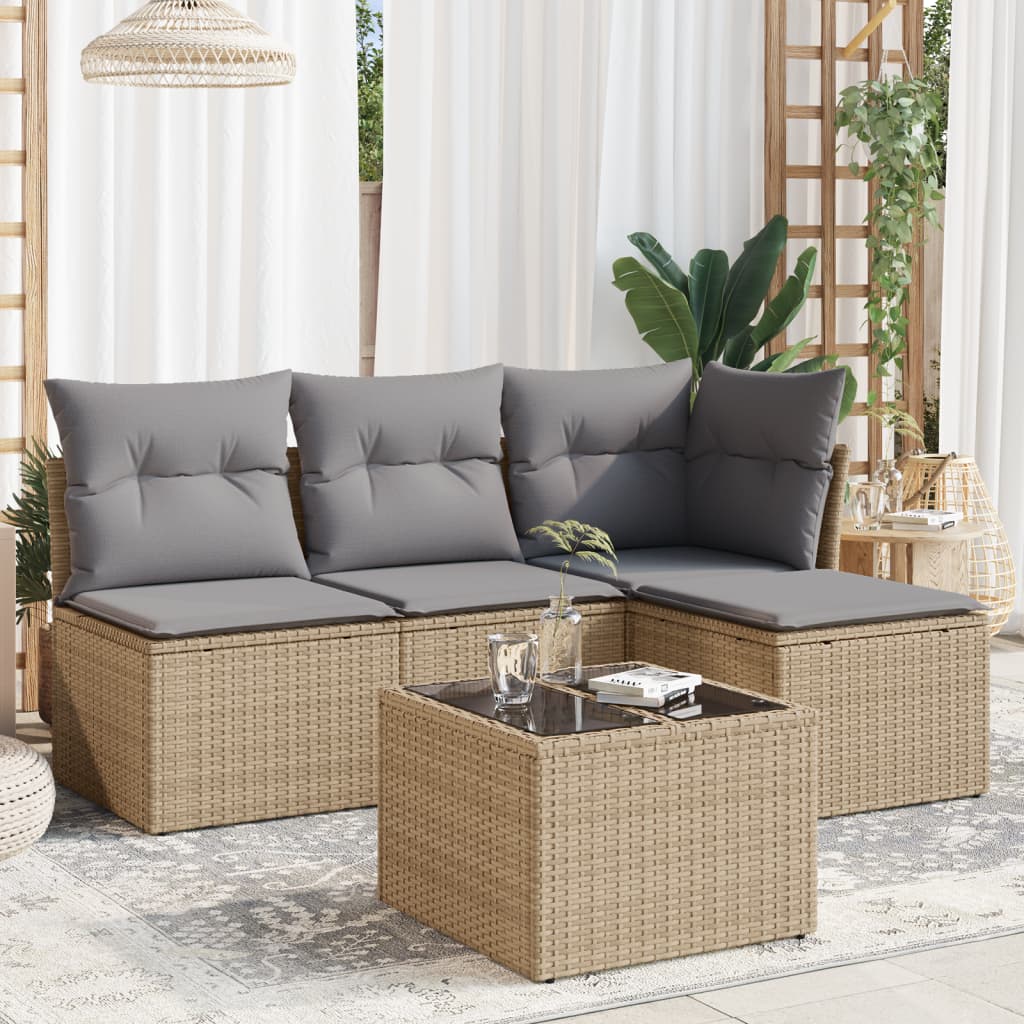 Ensemble Bar Jardin 5 Pièces VidaXL - Table + 4 Tabourets + Coussins, Résine Tressée, Gris, Meuble Terrasse