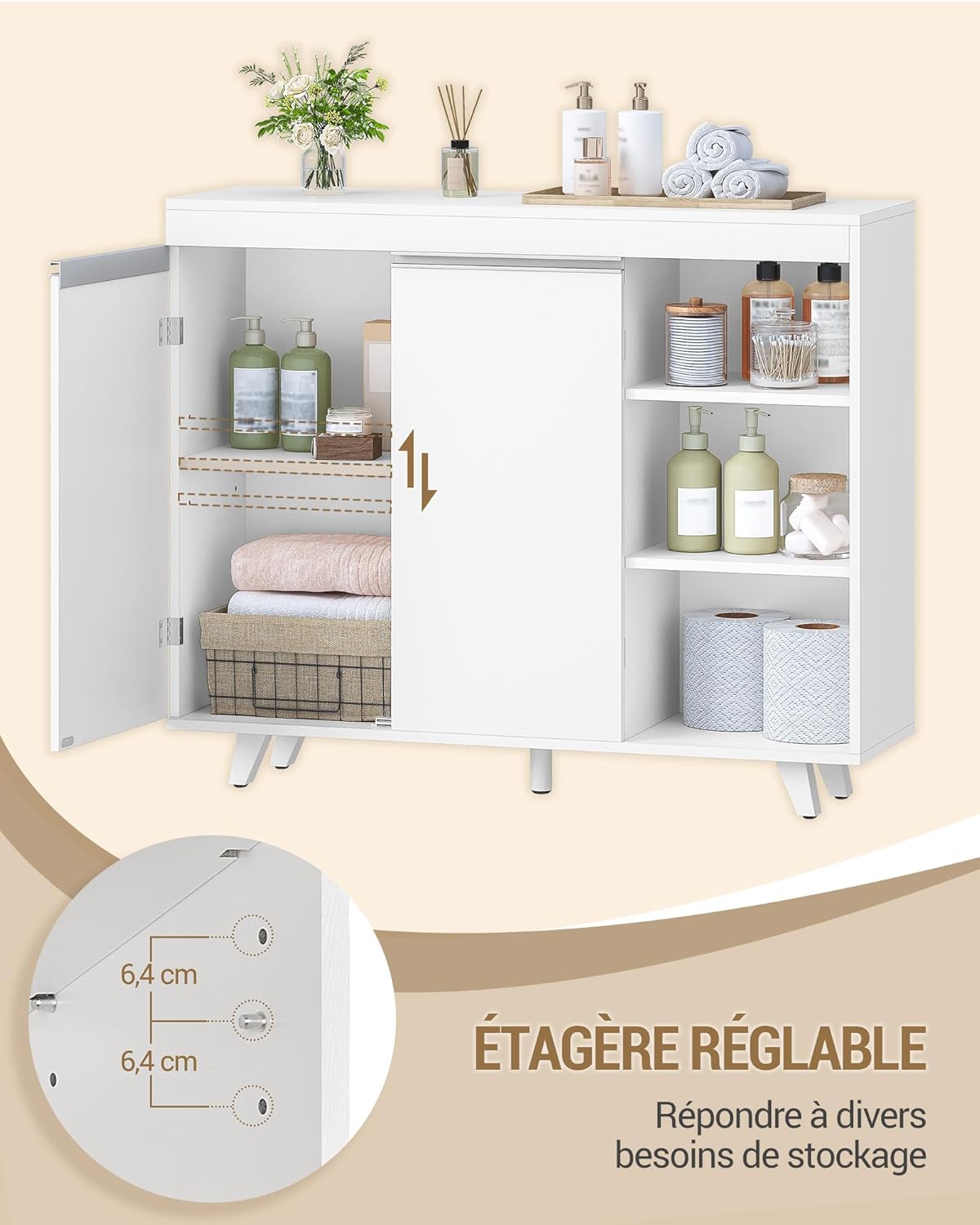 Mobile da Bagno, Armadio di stoccaggio, Mobile da cucina, con 3 Ripiani Aperti Regolabili e 2 ante, moderno, per Bagno, Soggiorno, Ingresso, Bianco - 5