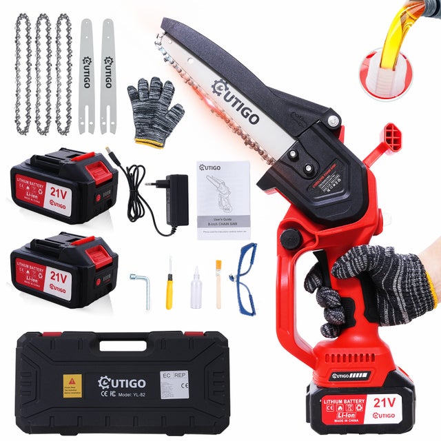 Tronçonneuse sans fil, tronçonneuse de 20 cm, mini tronçonneuse sans fil, 4 chaînes + 3 guides-chaînes