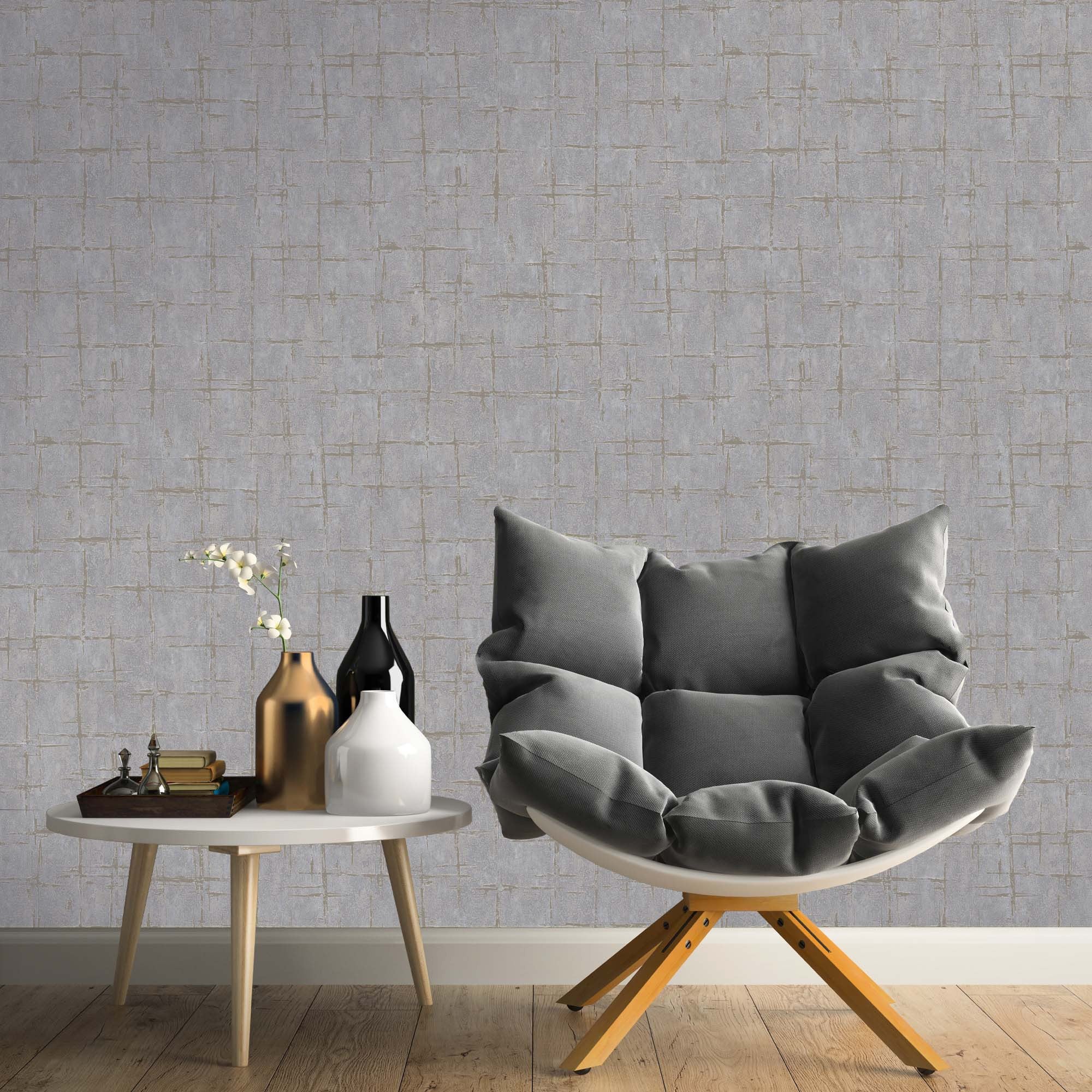 Papel pintado vinílico moderno gris con textura y toques metalizados en relieve - moma lines 679146 de gaulan - rollo de 10 m x 1,06 m