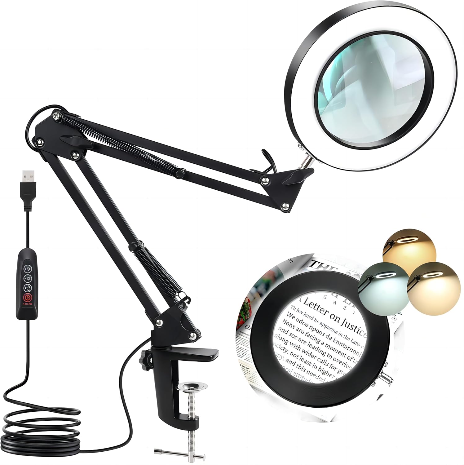Lampa biurkowa z lupą 10X i LED, z metalowym klipsem i regulowanym obrotowym ramieniem, 3 tryby kolorów, 10 poziomów jasności do rękodzieła