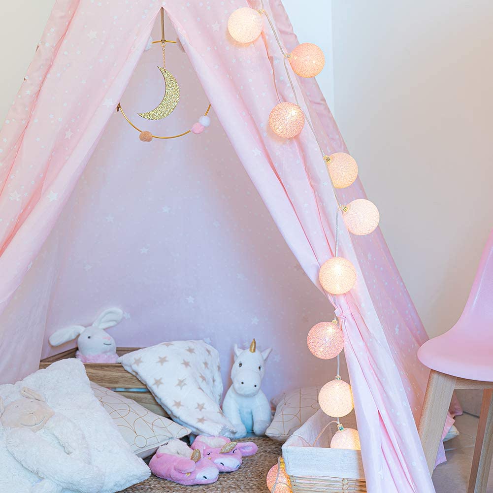 Guirlande lumineuse boules coton LED USB - Télécommande sans fil - Veilleuse bébé 2h - Adaptateur inclus - 4 intensités - 16 boules 3,2m - Princesse - 2