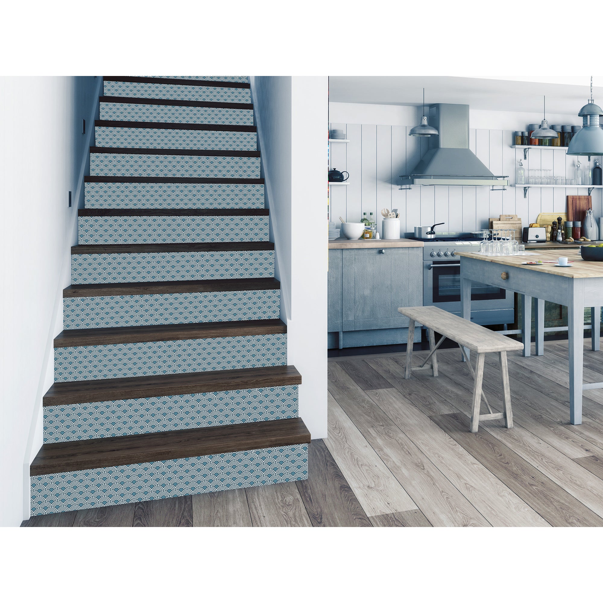 Stickers adhésifs escalier carrelages contremarche - VINTAGE BLEU D'AZURE - 2 bandes de 20.5x143.5cm - Maison