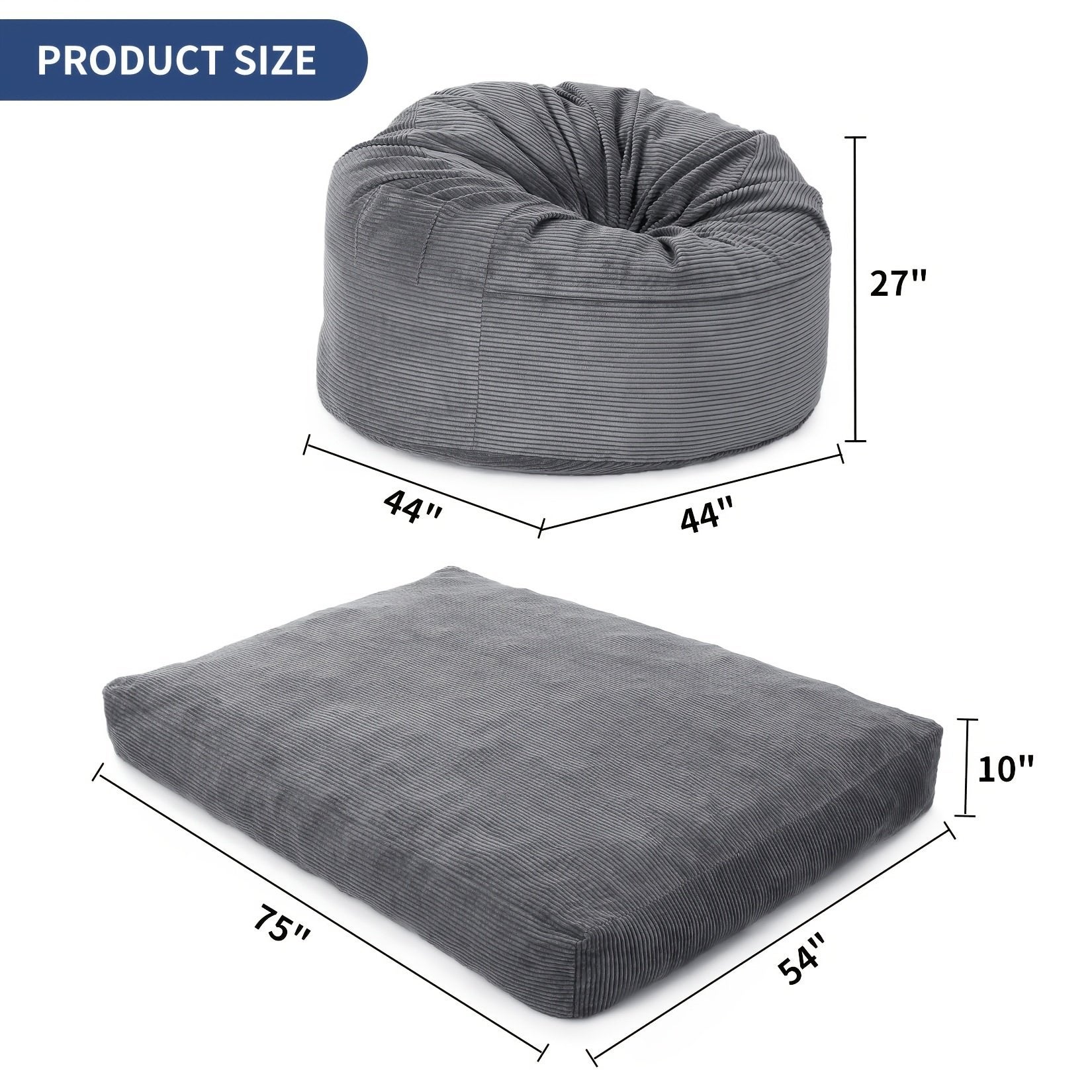 Pufe 2 em 1 conversível em veludo cotelê, sofá-cama lavável à máquina, colchão de chão acolchoado, 190 x 135 x 25 cm, cinza claro - 3