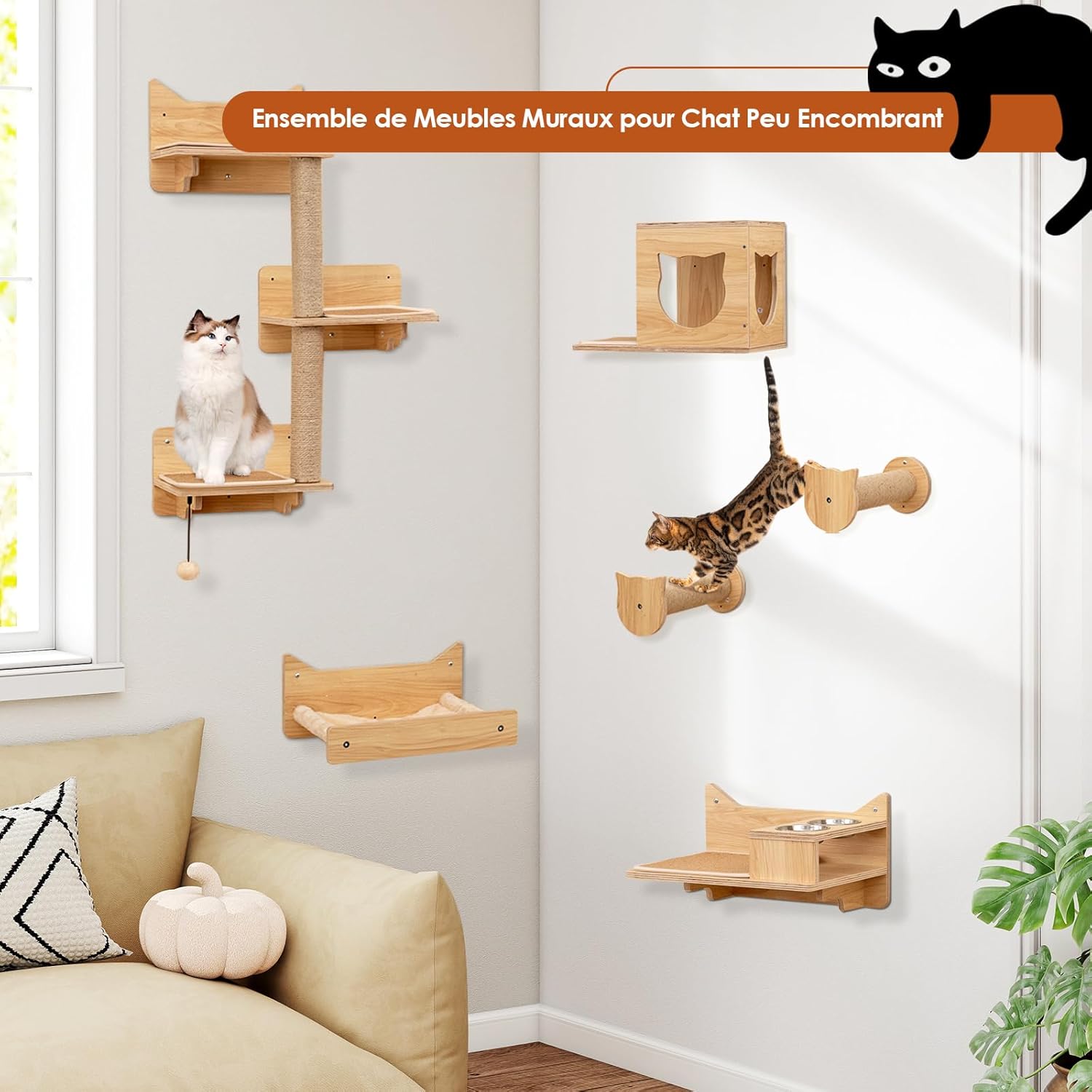 Arbre a Chat Mural en Bois, 6 Pcs Parcours Chat, Hamac, Condo, Plateforme avec 2 Gamelles, Tour pour Chaton à 3 Niveaux, 3 Marches - 4