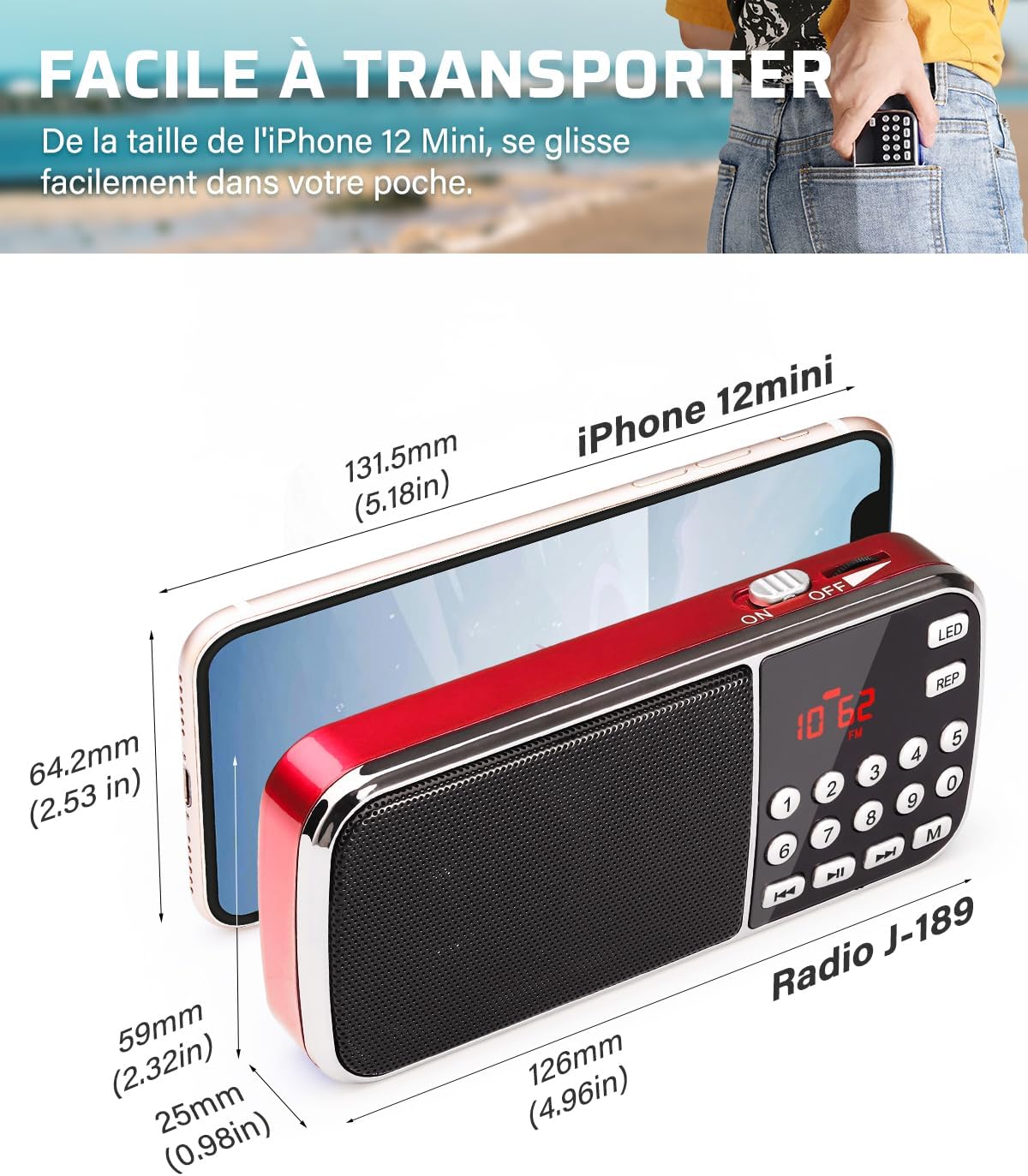 Radio przenośne L-189, miniaturowe radio przenośne 3 W z akumulatorem 1200 mAh, dwoma głośnikami i latarką LED - 2