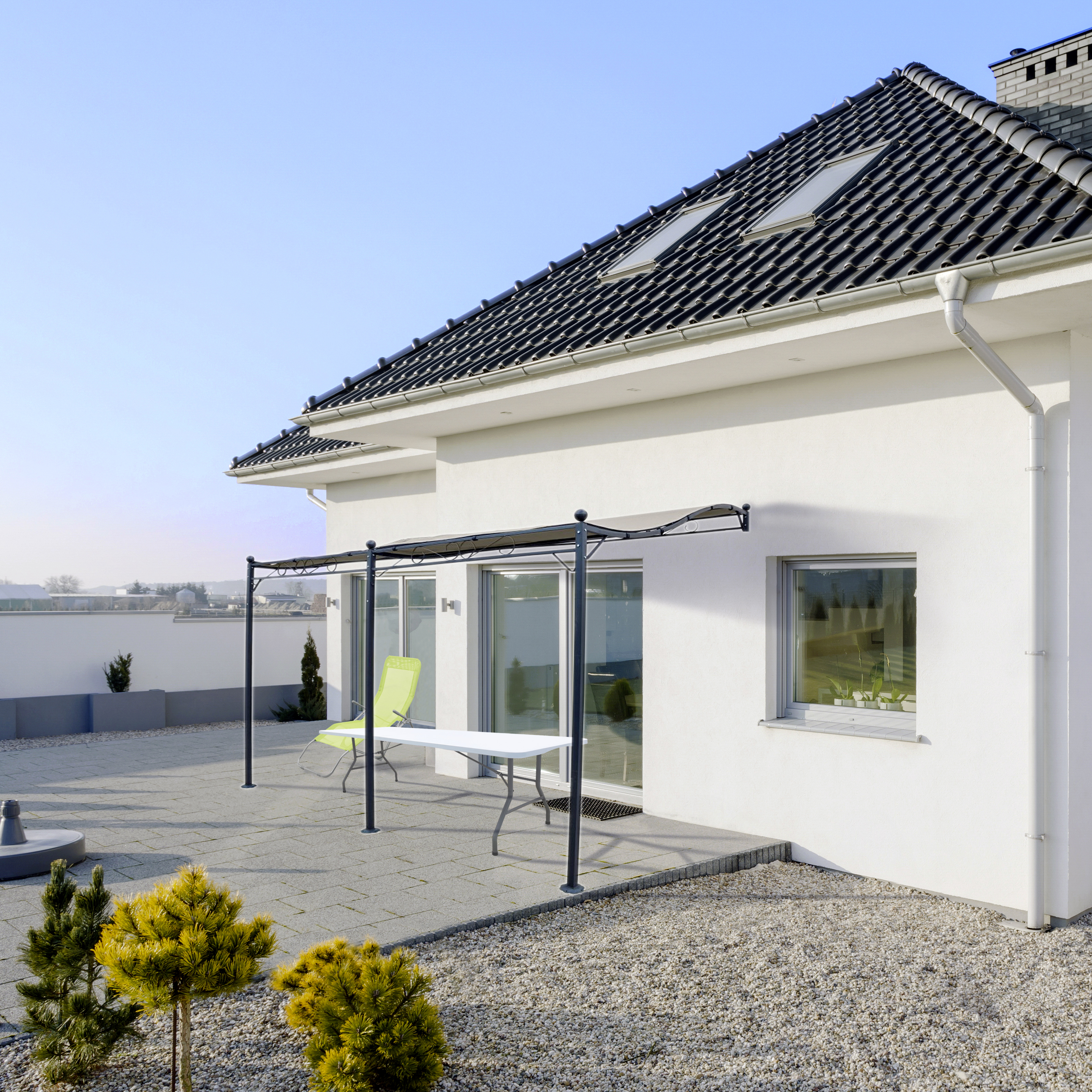 Pergola murale WERKA PRO 3x4 m acier epoxy beige avec toile et 3 pieds - 2