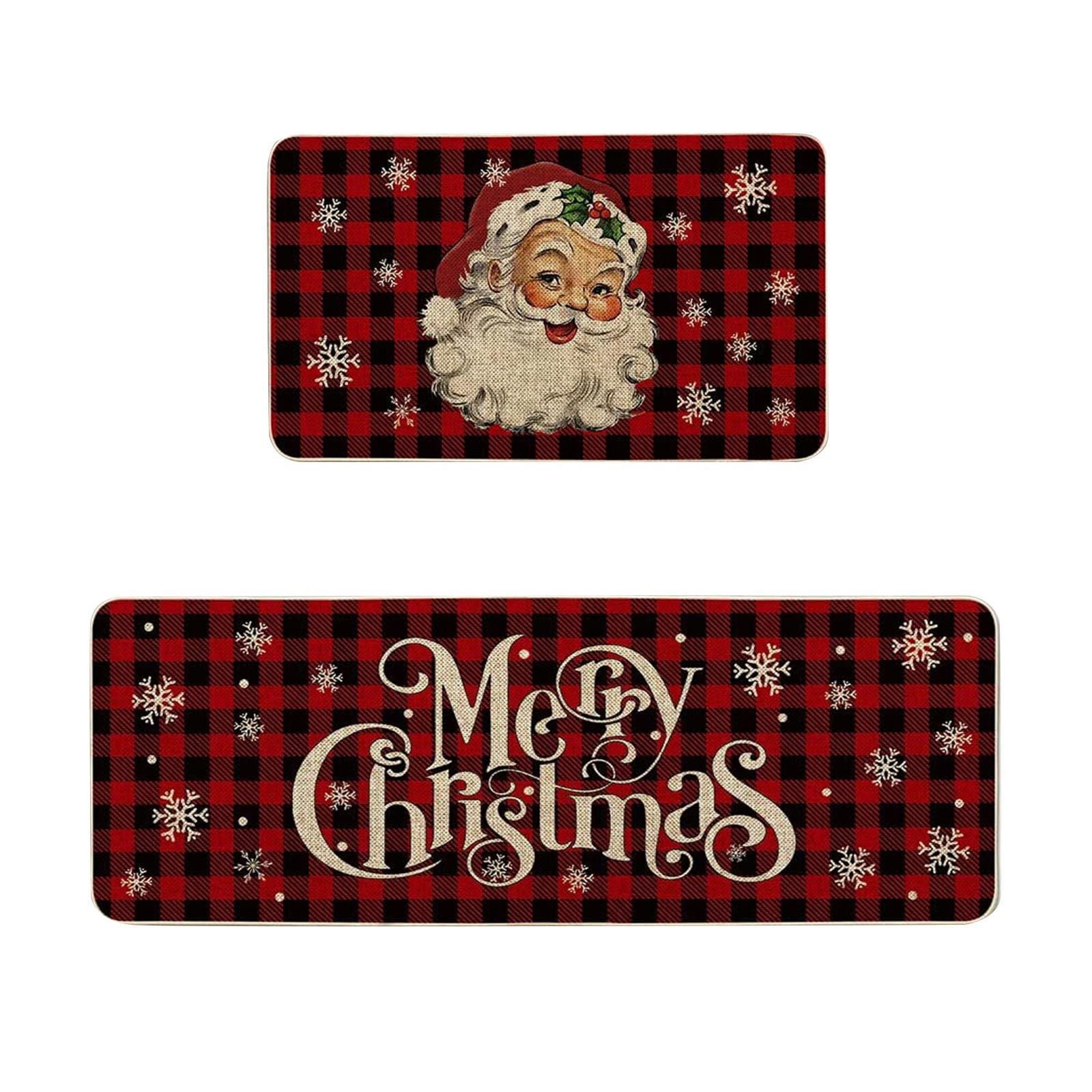 Świąteczny zestaw 2 dywaników kuchennych Buffalo Plaid Snow Santa Claus, wycieraczka, mata 40 x 60 cm + 40 x 120 cm