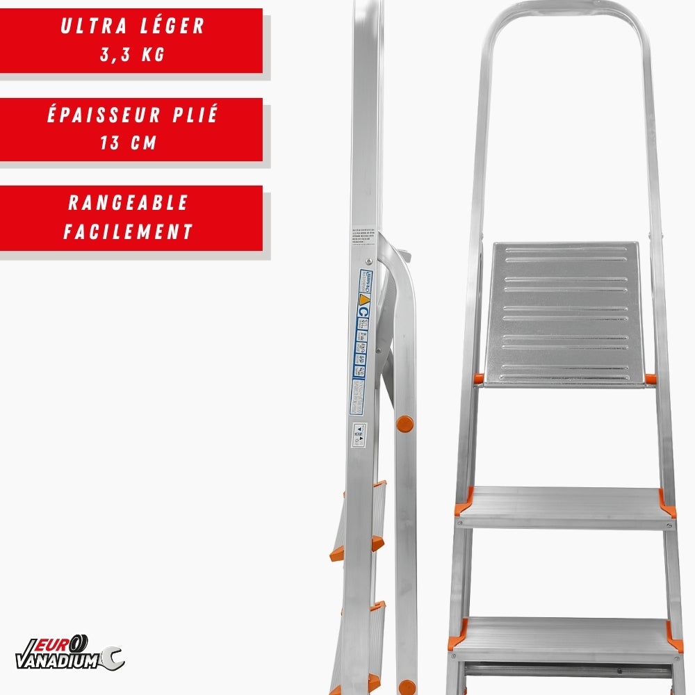 Escabeau aluminium 3 marches anti-dérapantes - Sécurité optimale pour bricolage, charge 150 kg - 2