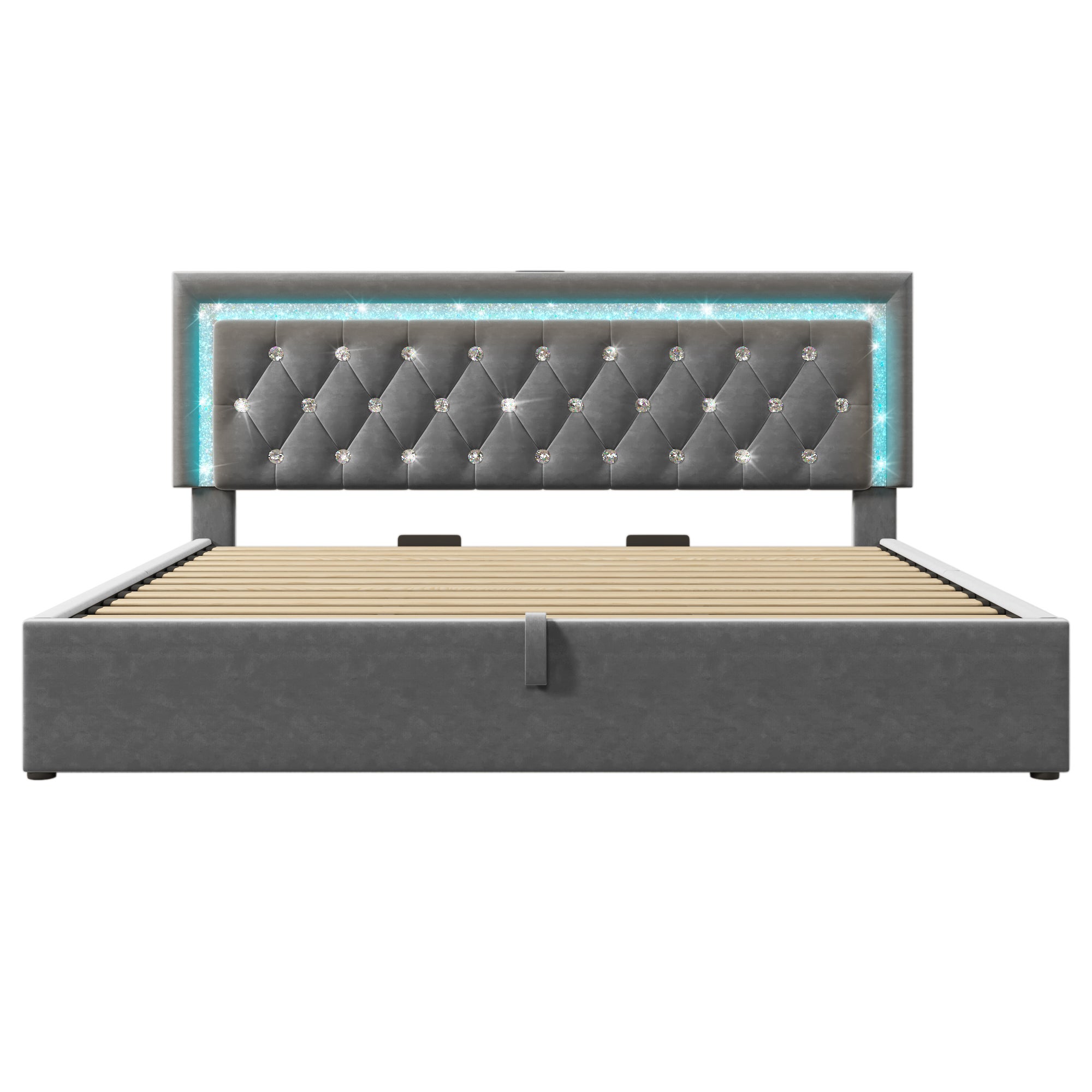 Łóżko tapicerowane z pojemnikiem 180x200 cm z aksamitu - z oświetleniem LED - z portami USB i typu C - z podstawą z listew - szare - 8