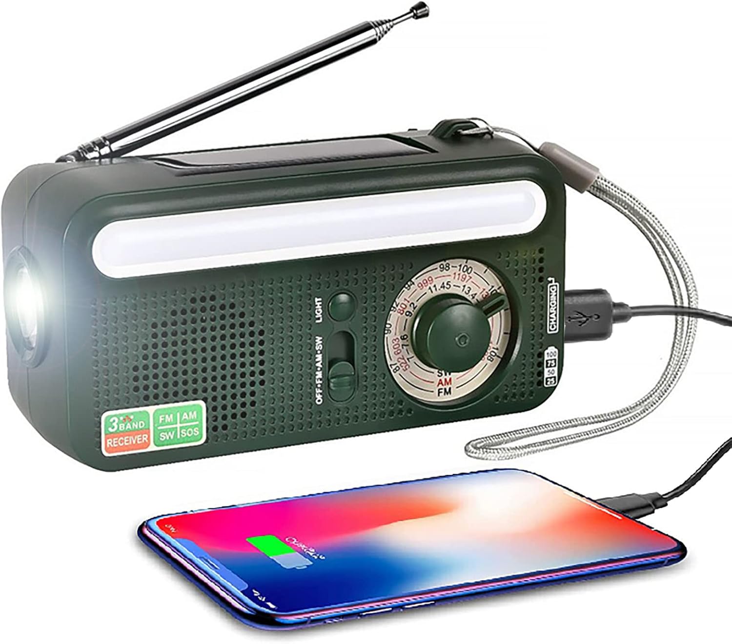 Przenośne radio AM/FM/SW z korbką, baterią 2000mAh, latarką LED, lampą, alarmem SOS, idealne na kemping i do przetrwania.