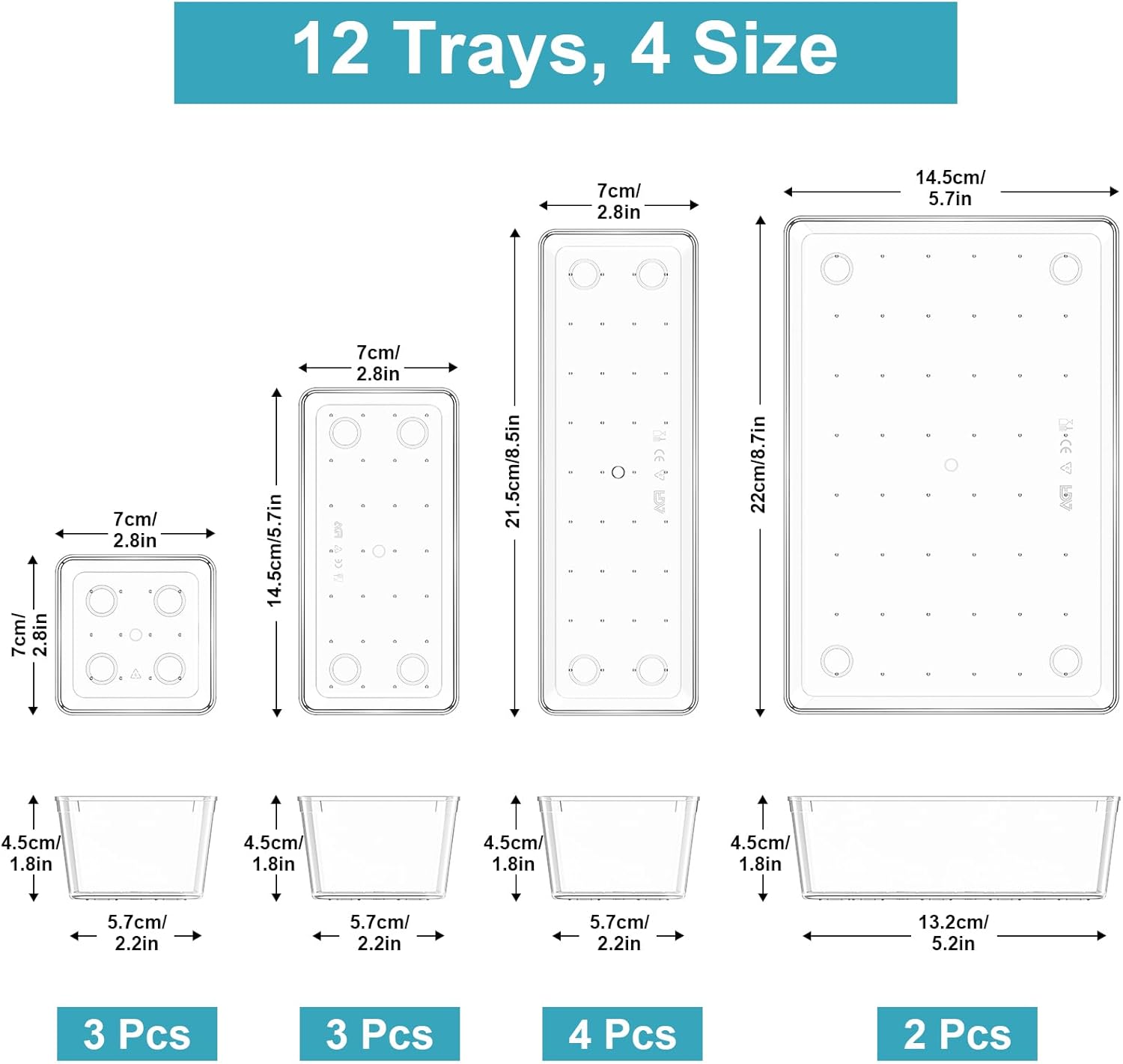 Ensemble de 12 organisateurs de tiroir – Bacs de rangement en plastique transparent - 2