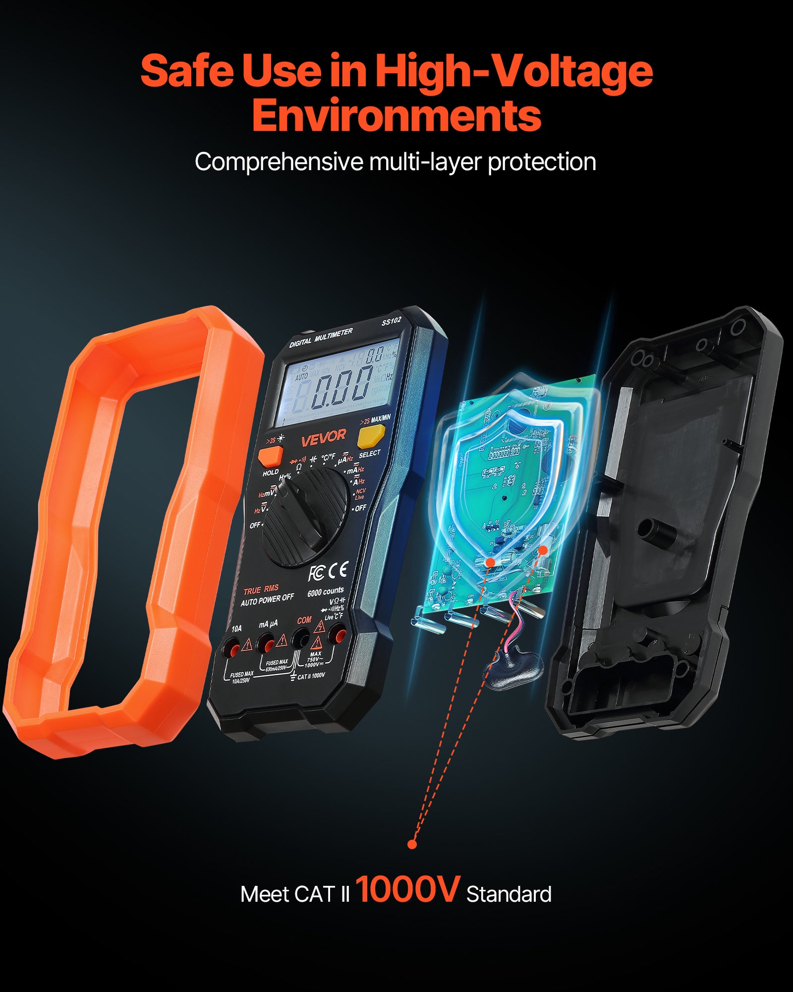 Multimètre Numérique VEVOR, 6000 Points, Multimètre Professionnel NCV TRMS Voltmètre Test de Tension CA CC, Courant, Diodes, Continuité, Cycle Service - 5