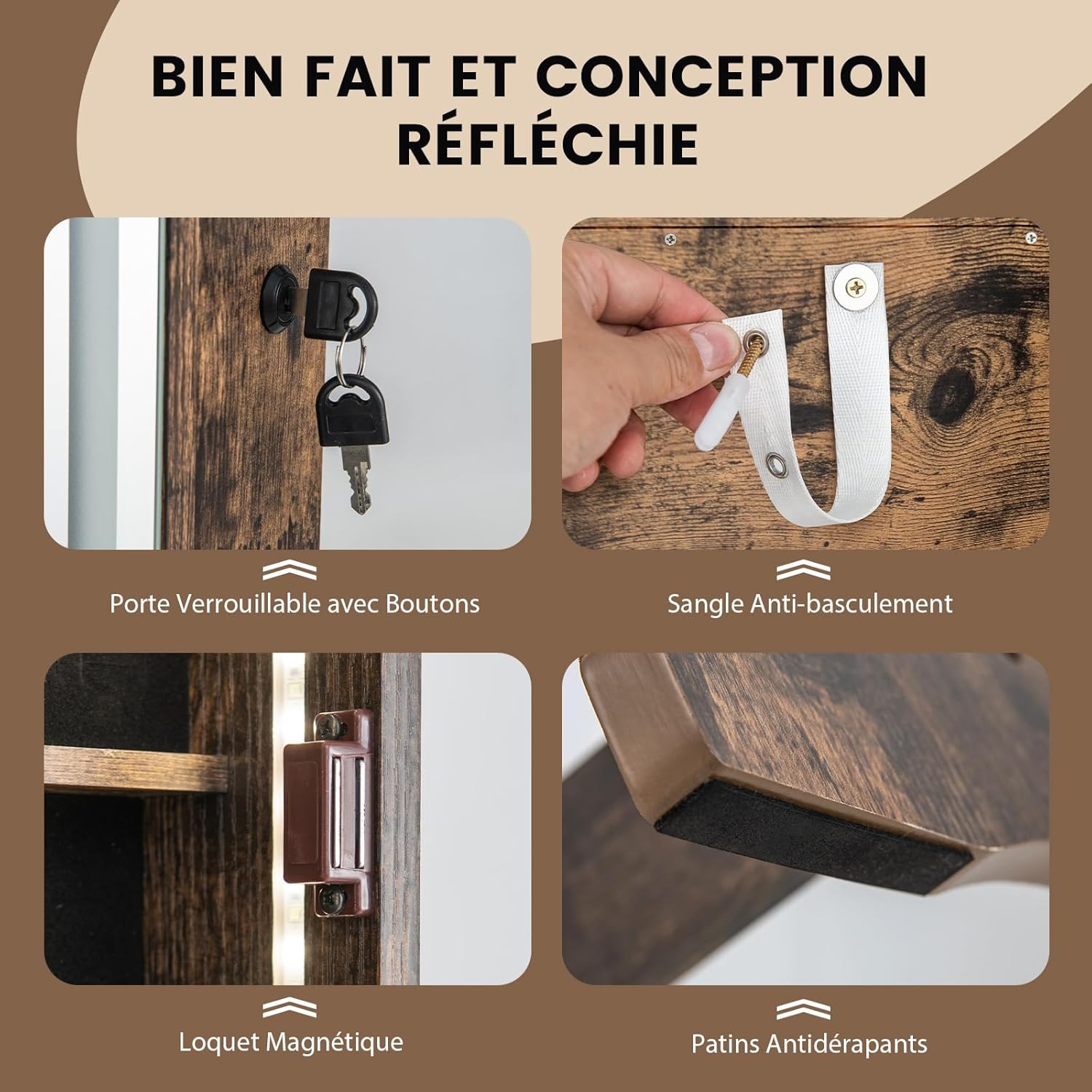 Armoire à Bijoux avec Miroir sur Pieds,Grand Miroir Psyché Sans Cadre avec Éclairage LED 3 Couleurs, avec 3 Angles Ajustables(Marron Rustique) - 9