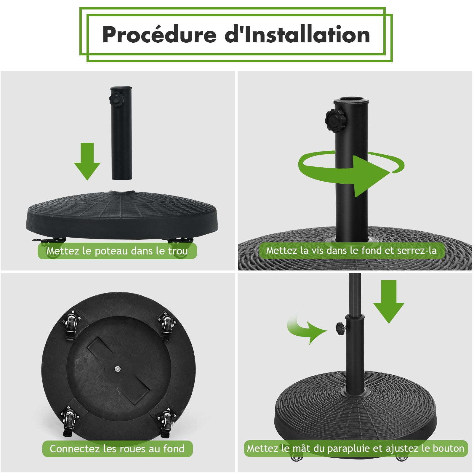 Pied de Parasol sur Roulettes φ52CM 23KG, Socle Parasol Extérieur en Résine avec Bouton Rotatif, Résistant aux Intempéries, pour Poteaux 38/48 mm - 4