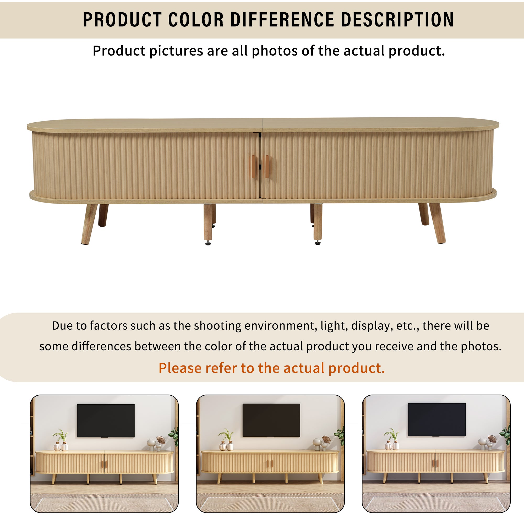 Meuble TV avec 2 portes coulissantes en forme ovale - 175 x 40 x 42cm - Bois MDF - Couleur bois - 4