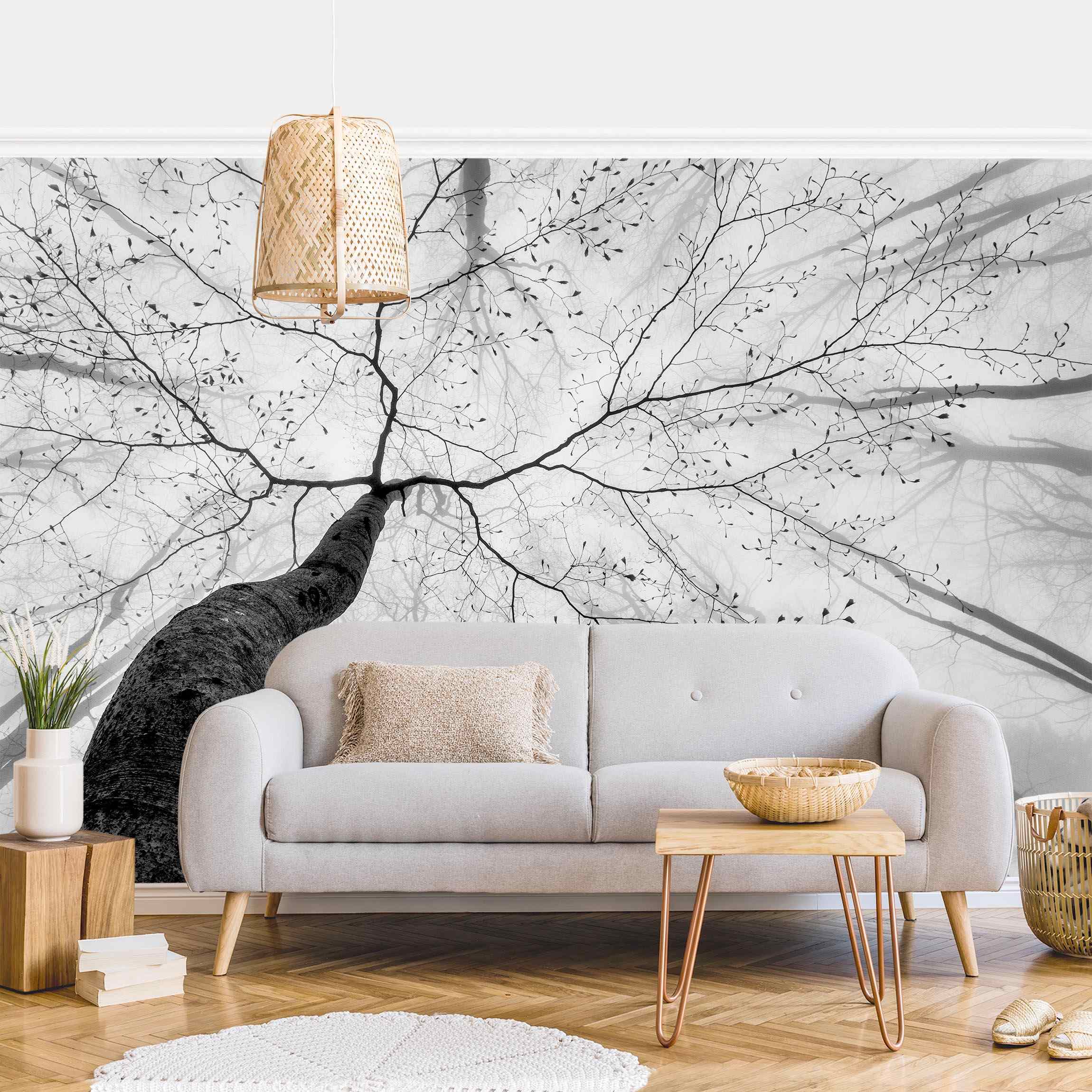 Papel pintado fotomural bosque naturaleza blanco y negro cielo 240 - salón dormitorio cocina pasillo - tnt 288 x 190 cm adhesivo