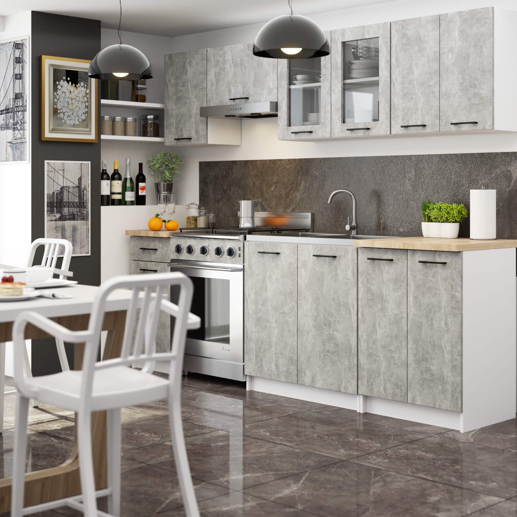 Ensemble de cuisine vitré AKORD OLIWIA 2.4m Blanche 240 cm 11 portes 1 tiroir façade Béton 240x46x203 cm - 2