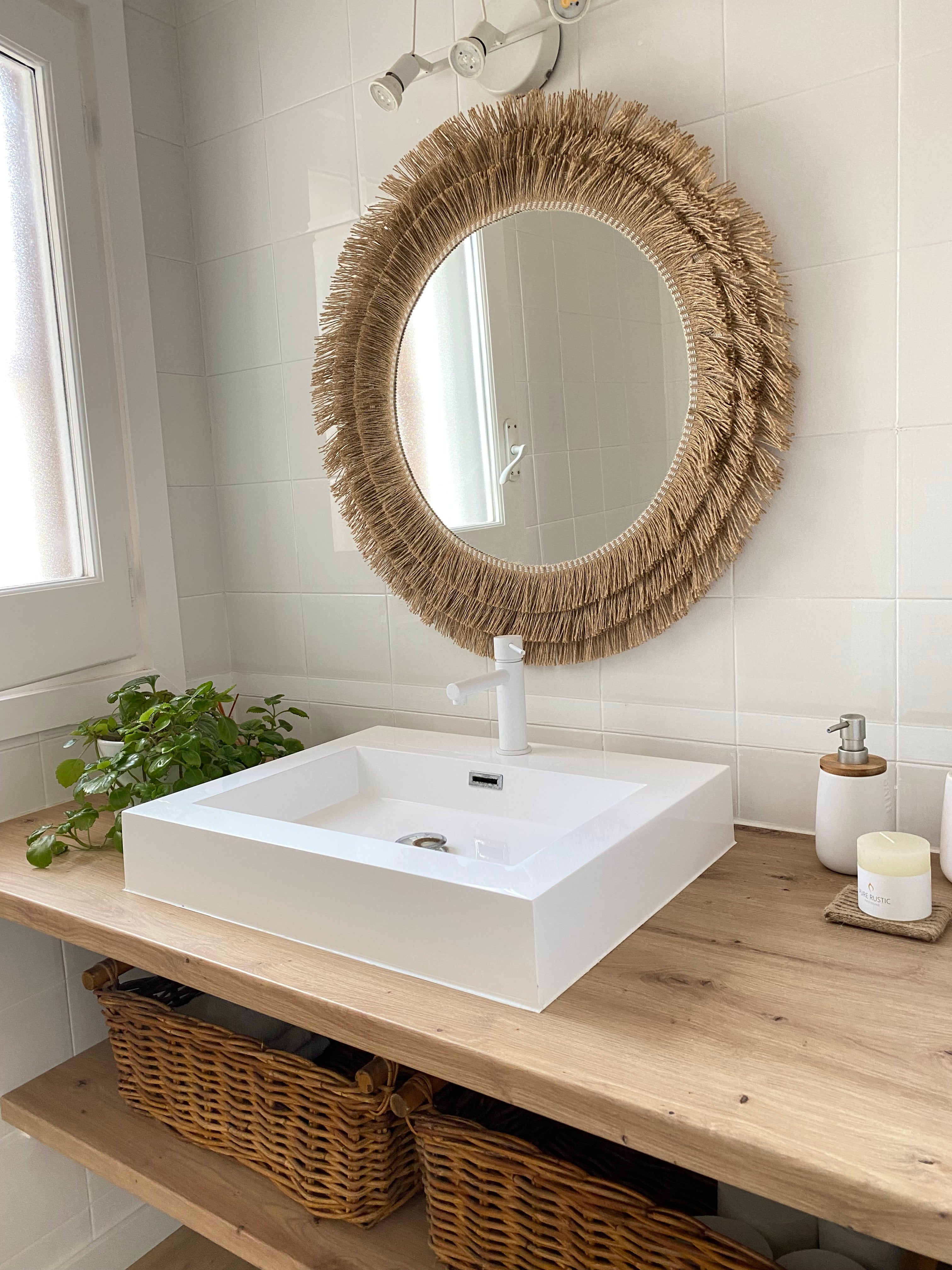 Miroir rond en corde de jute naturelle, franges et fibres naturelles Décoration murale de style ethnique - MIRROR JUTE III BALLS 35cm - 7
