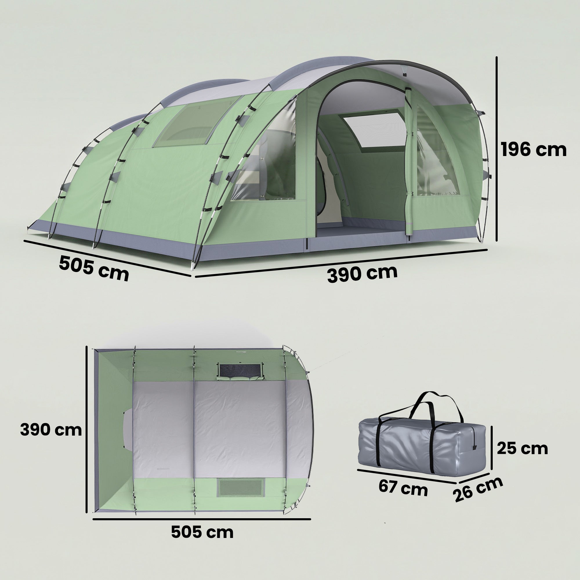 Tente tunnel 4 personnes Tente familiale avec 2 cabines de couchage Auvent 4 fenêtres Hauteur de hauteur 3000 mm Colonne d’eau - 5